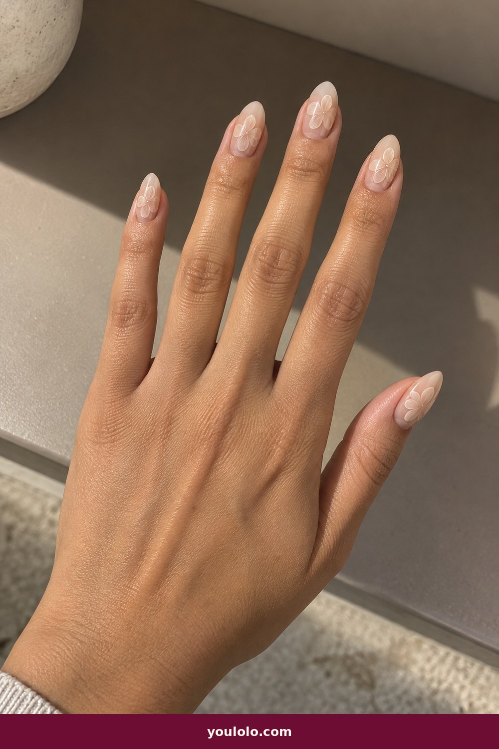 Beige Nails idea 19: Embossed Beige Petals