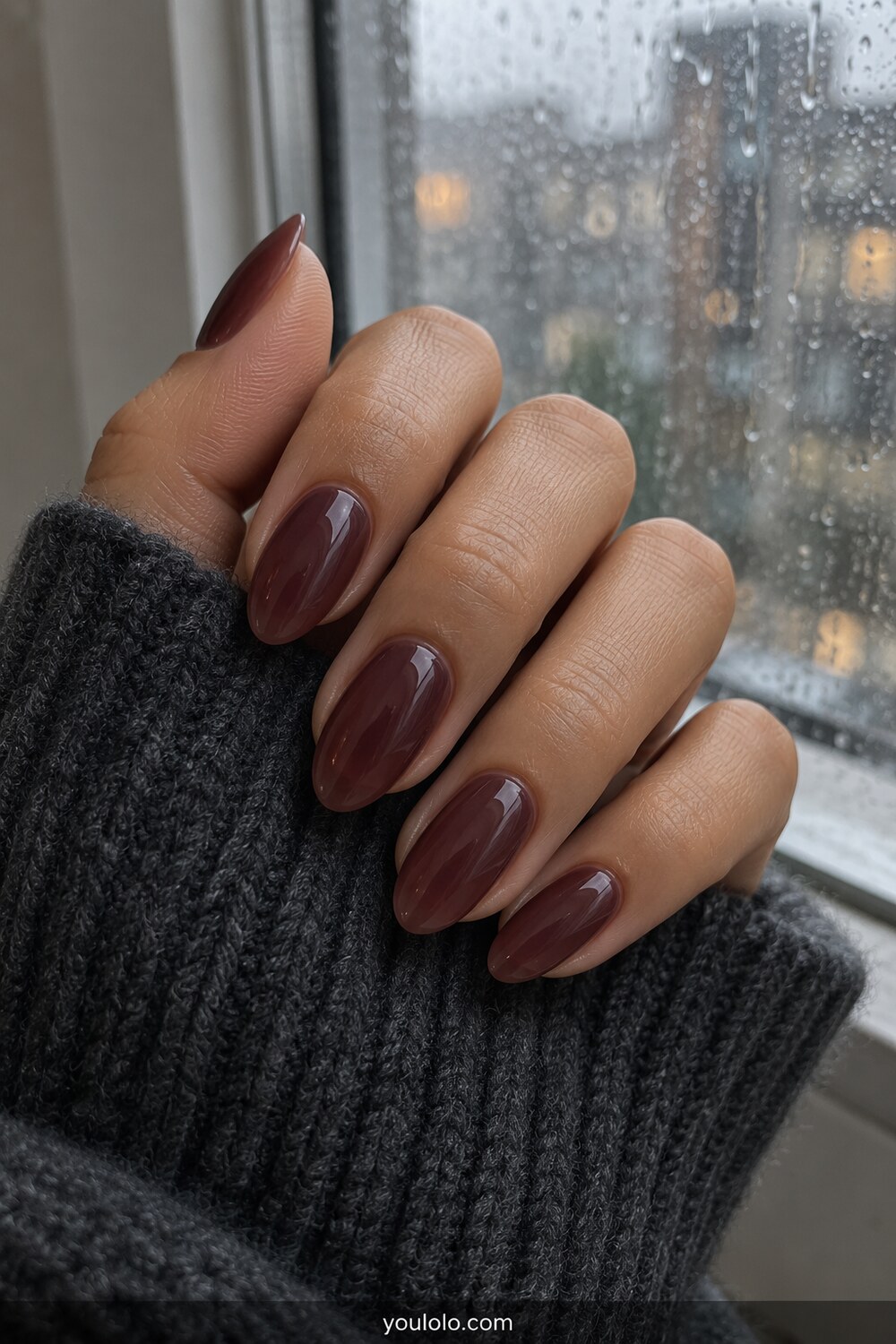 Glossy fig jelly Fall Almond Nails for a rainy day