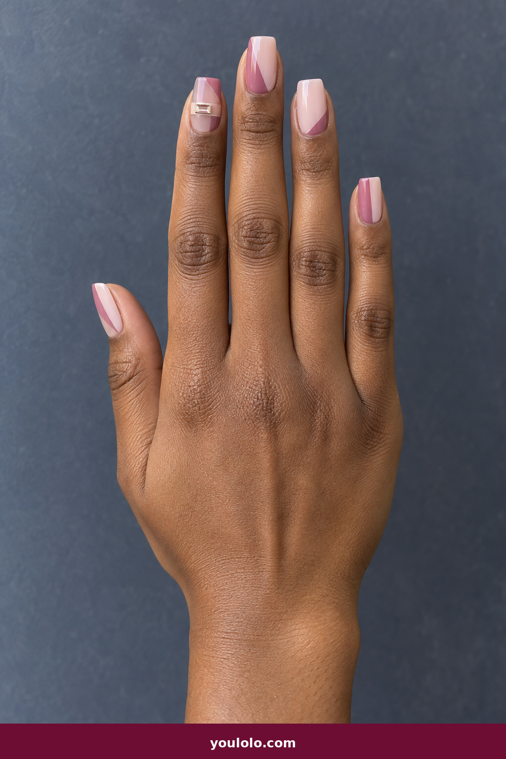 Pink Nails with Rhinestones on One Finger Ideas: Graphic Pink Blocks and Baguette, Soft-square nails with blush and orchid geometric blocks and one tiny horizontal baguette crystal on the index finger.