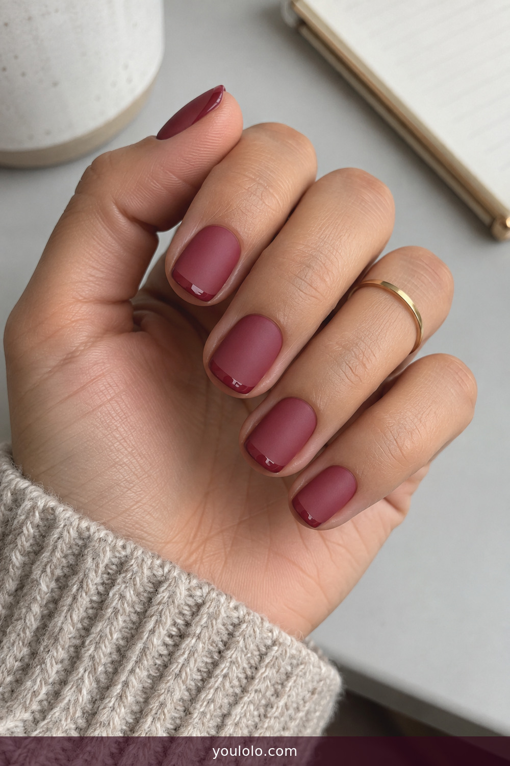 Matte Raspberry Nails with matching glossy French tips
