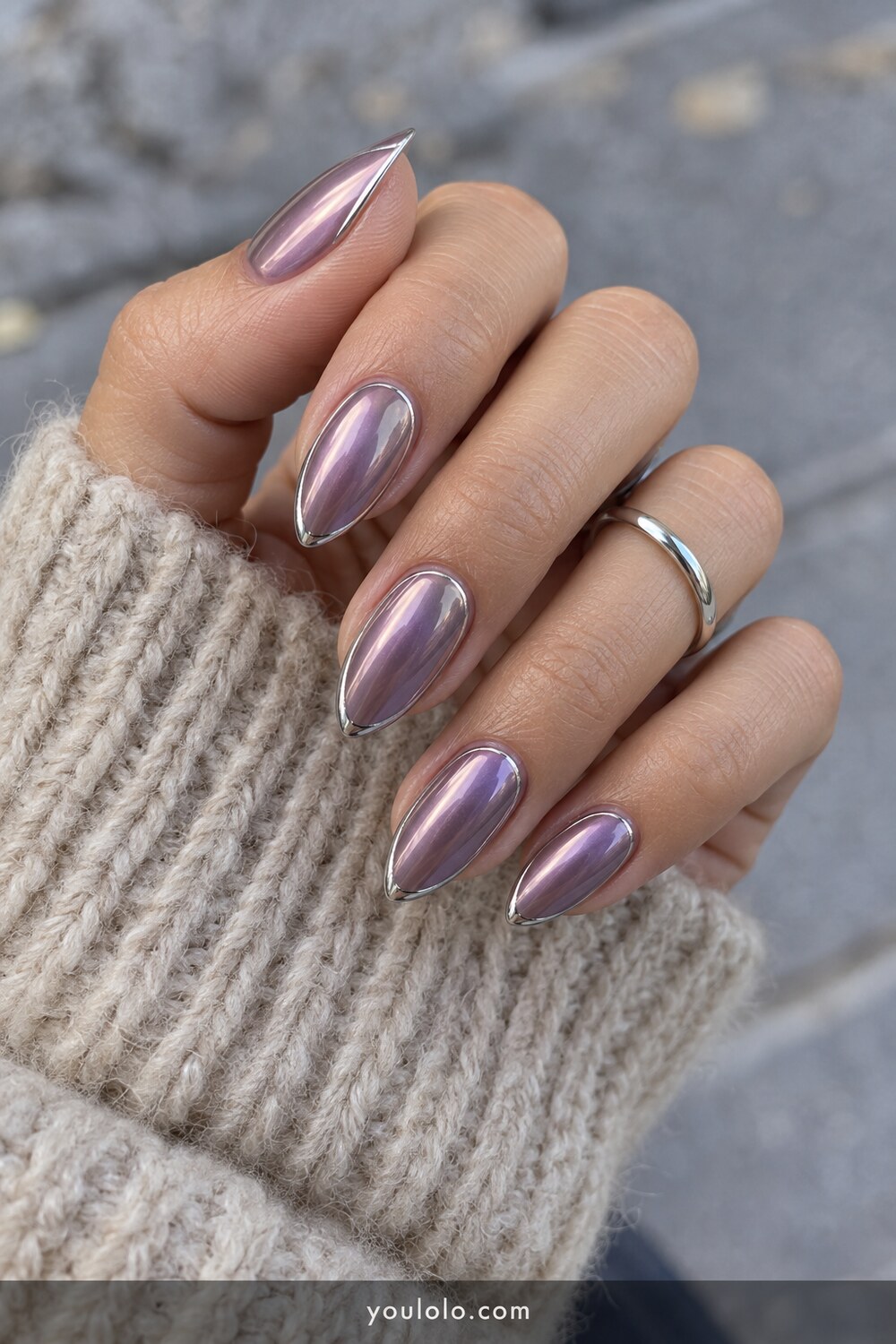 Smoky lilac chrome almond nails with fine silver outlines