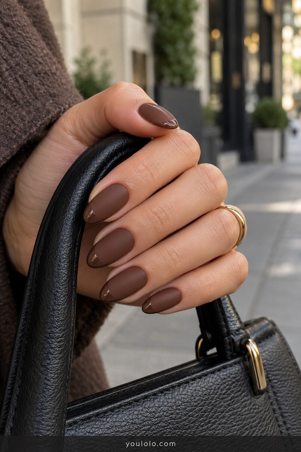 Matte chestnut almond nails with glossy matching tips