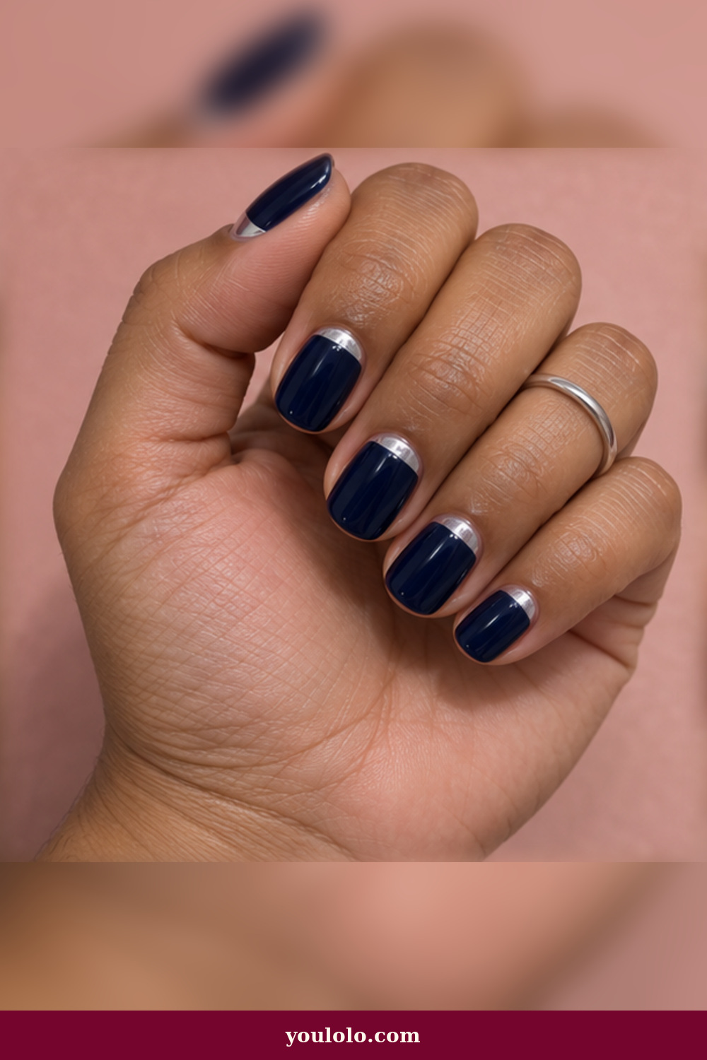 Festival Nails idea 20: midnight navy nails with silver chrome half-moons