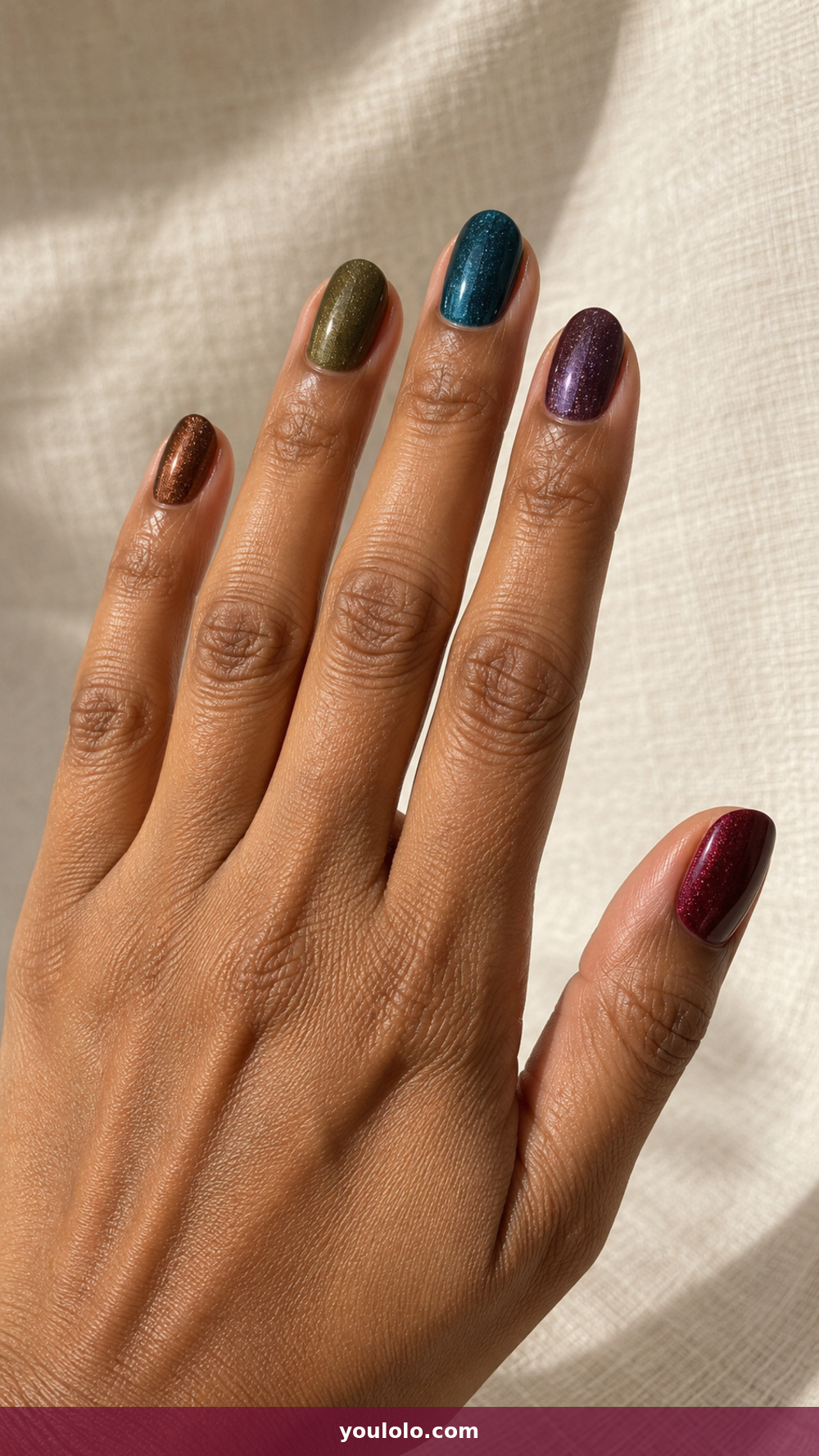 Sparkly Nails idea 20: Mixed Jewel-Tone Skittles in a realistic fall manicure