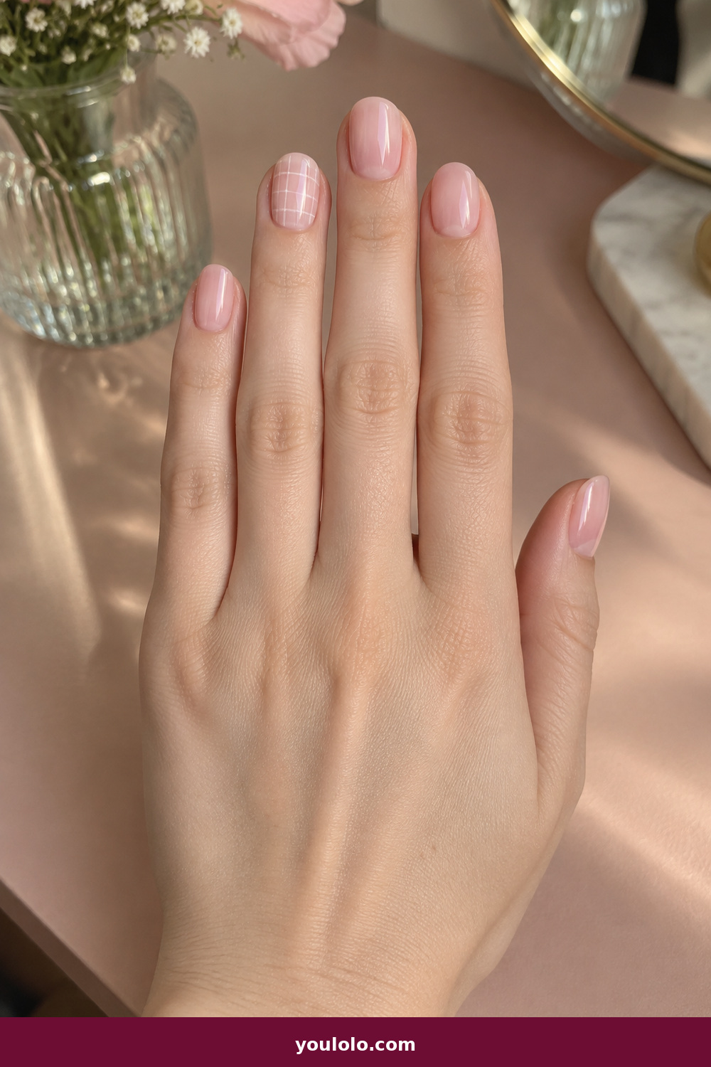 Pink and White Nails idea 20: Soft Checker Fade, short oval nails with a faded blush and white micro-check accent