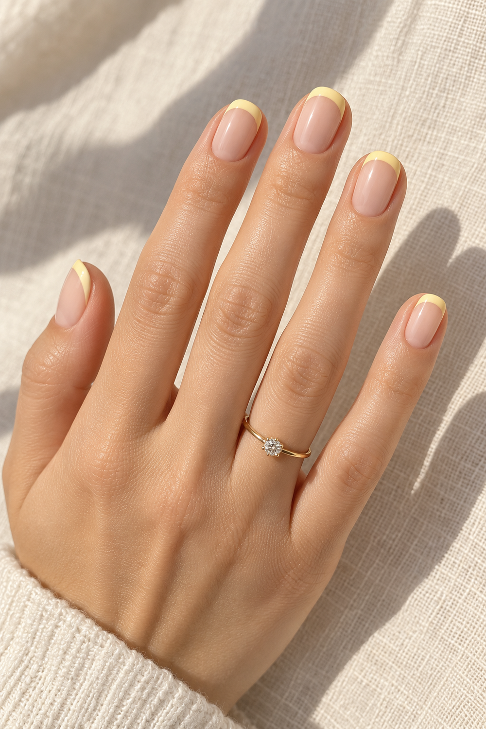 Soft butter yellow French tips on short rounded nails