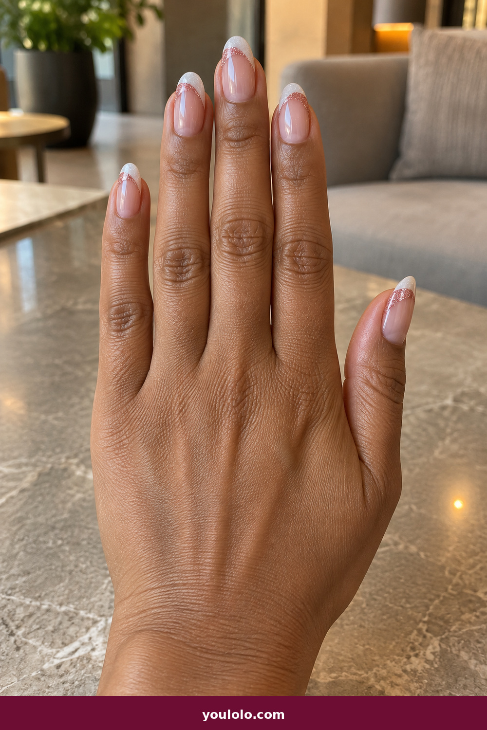 Pink and White Nails idea 21: Frosted Rose Tips, medium almond clear nude nails with frosted white and rose tips