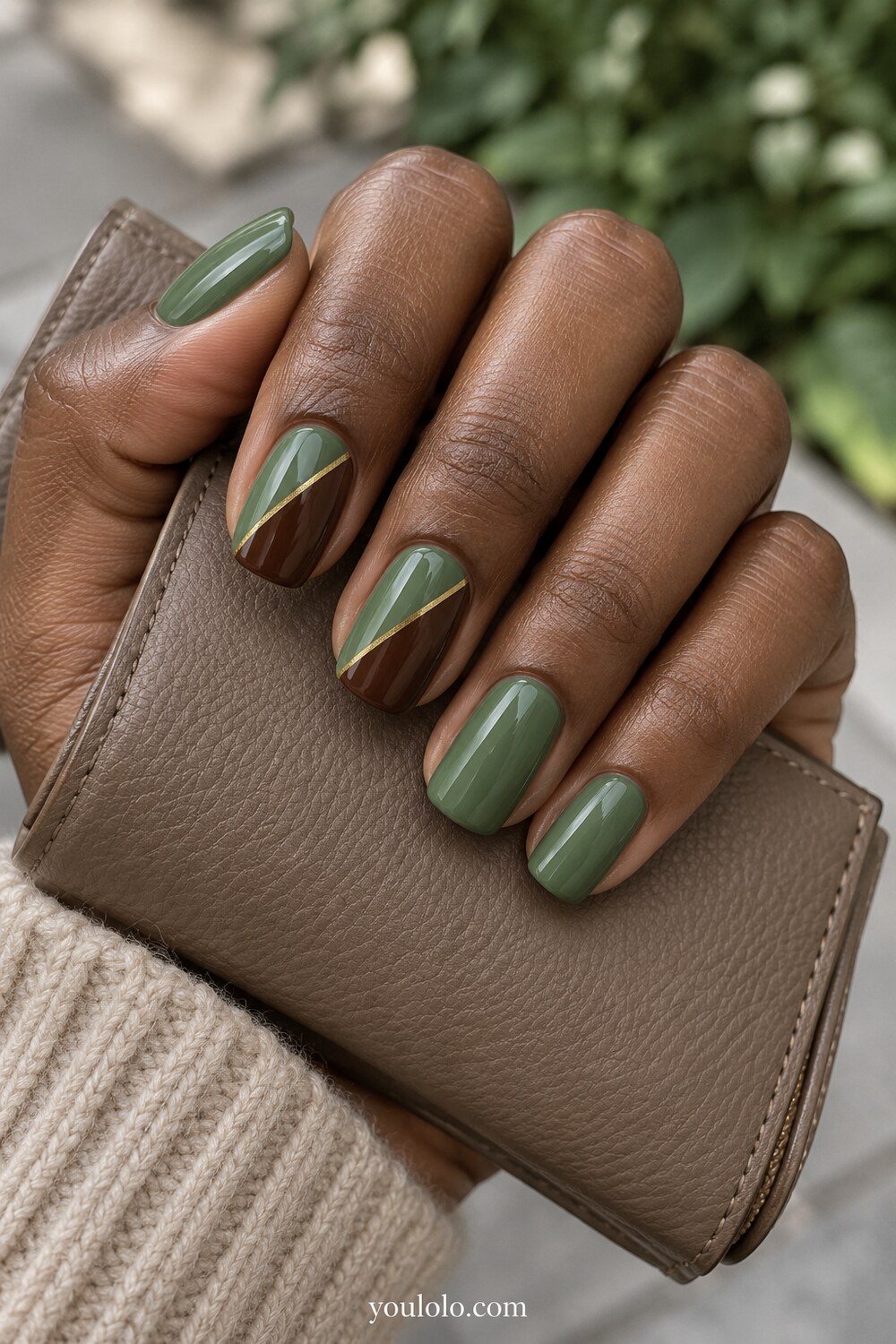 Sage green pearl chrome manicure with a soft jade finish