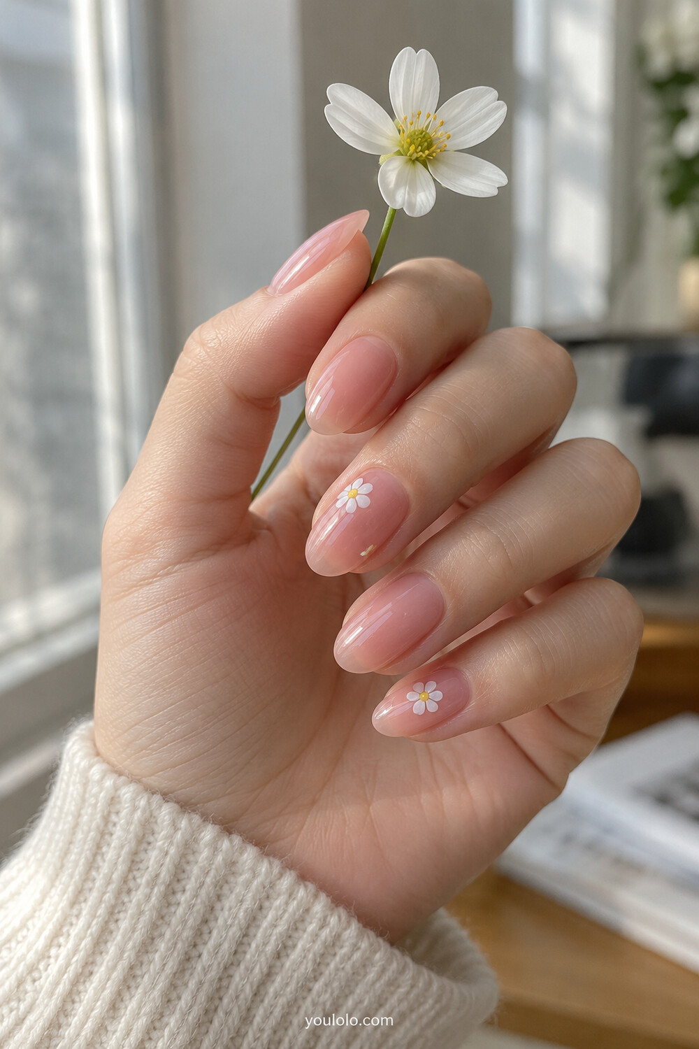 Pink Korean jelly nails with tiny hand painted white flower accents