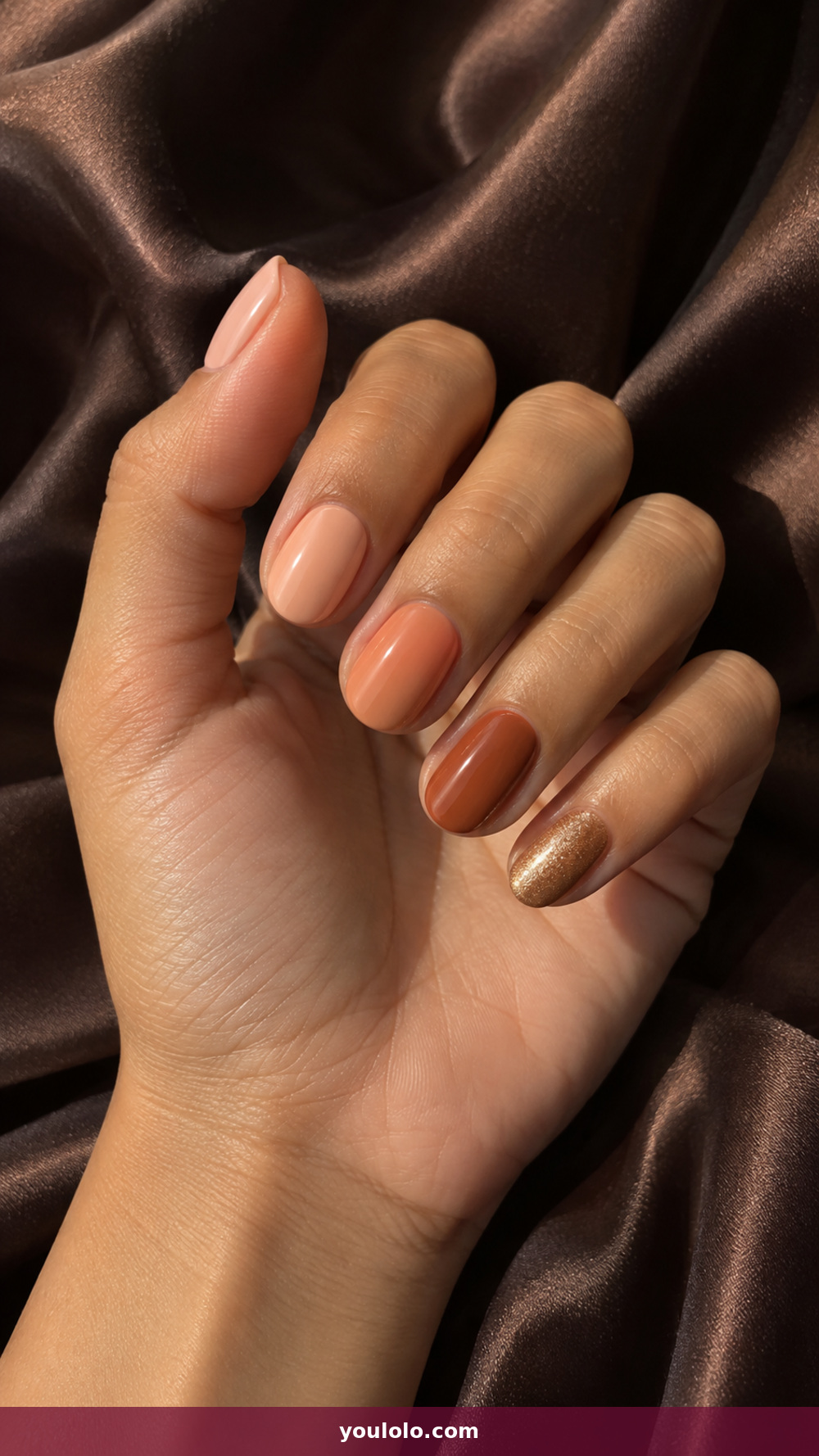 Peach Nails idea 22: Antique Gold Peach Skittles in a realistic fall manicure