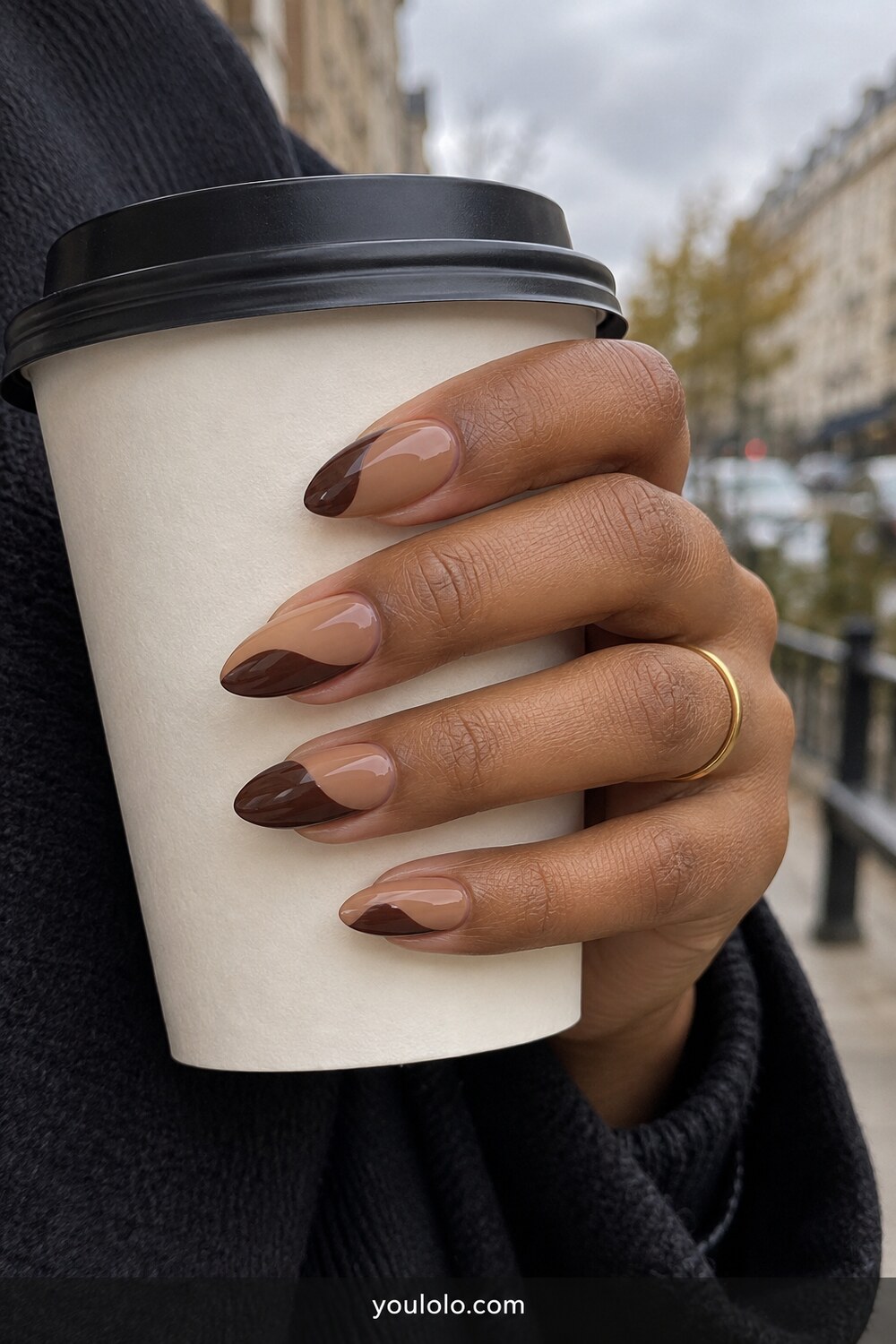 Caramel and espresso color block almond nails