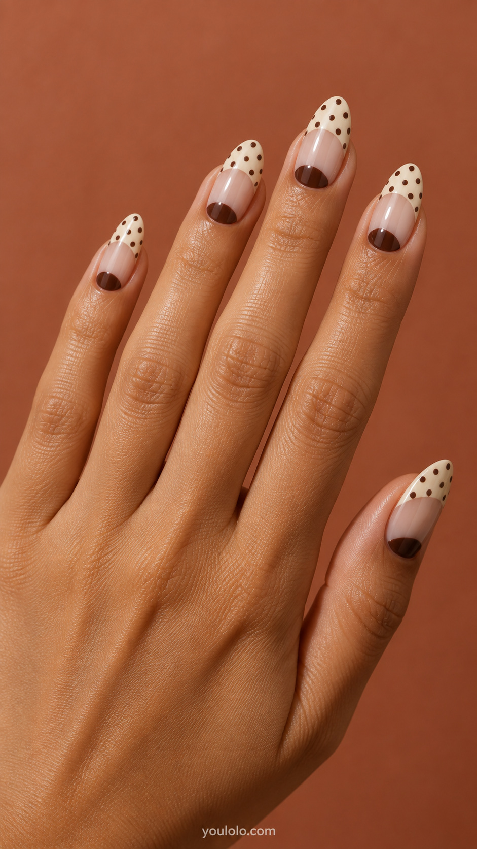 Dotted cream tips with chocolate half moons manicure