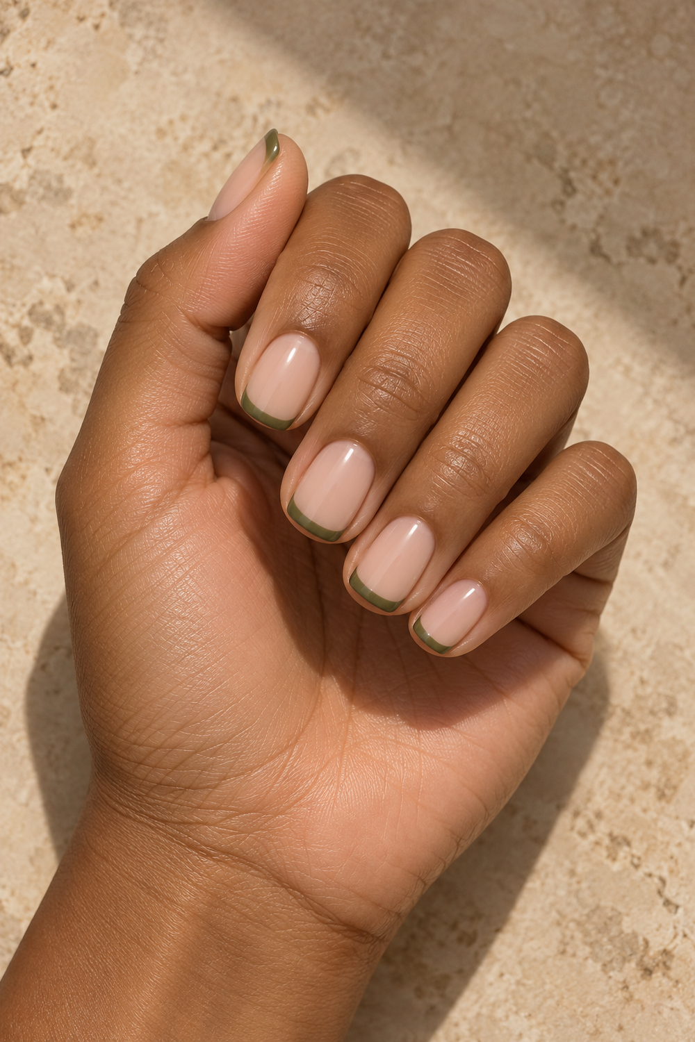 Muted olive green French tips on short squoval nails