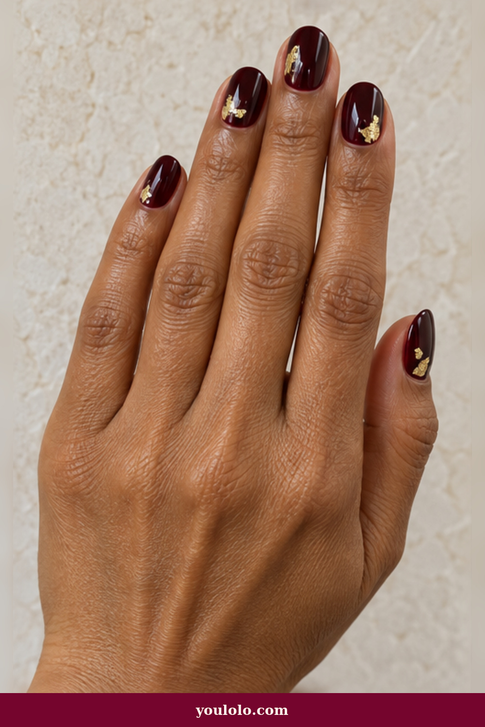 Black Cherry with Gold Foil Christmas Nails Short idea