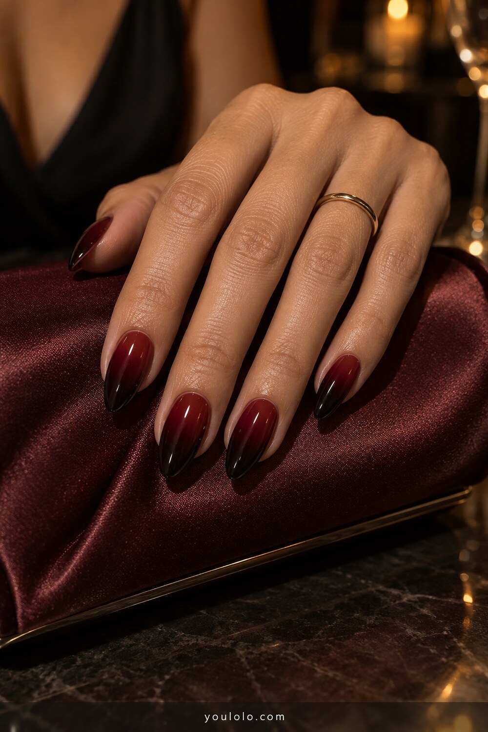 Black cherry ombre manicure on almond shaped nails