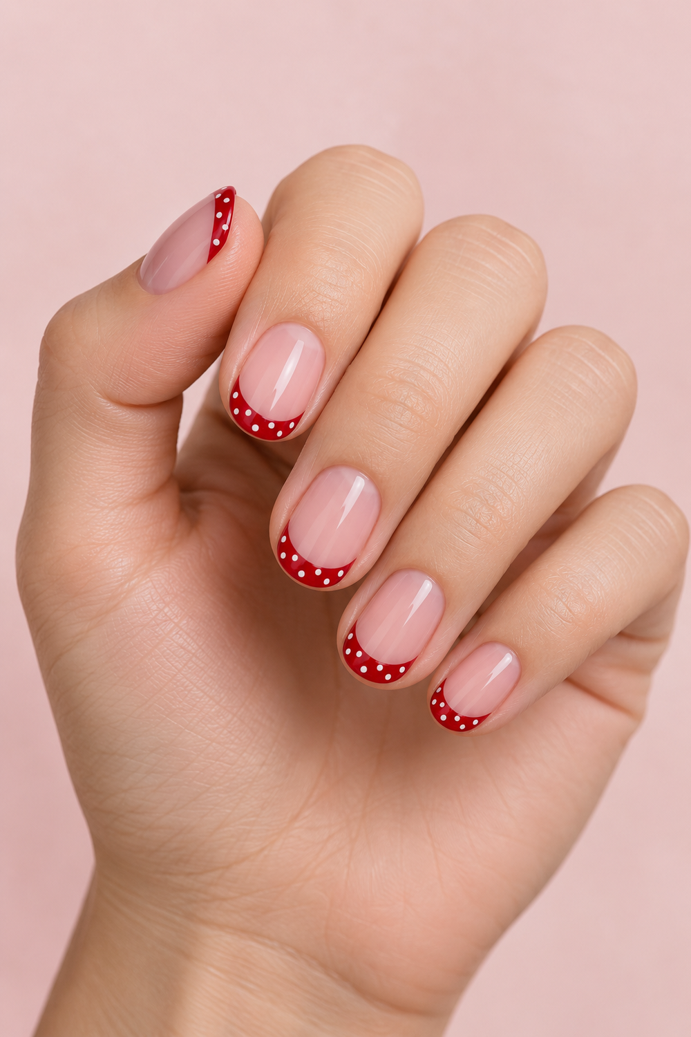Red and white polka dot French tip nails