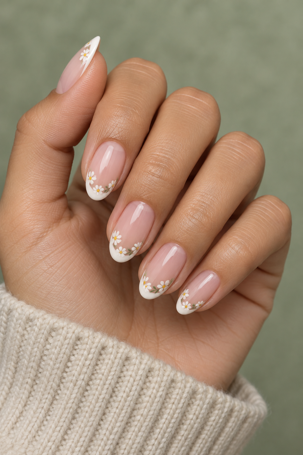 Delicate daisy floral French tips on oval nails