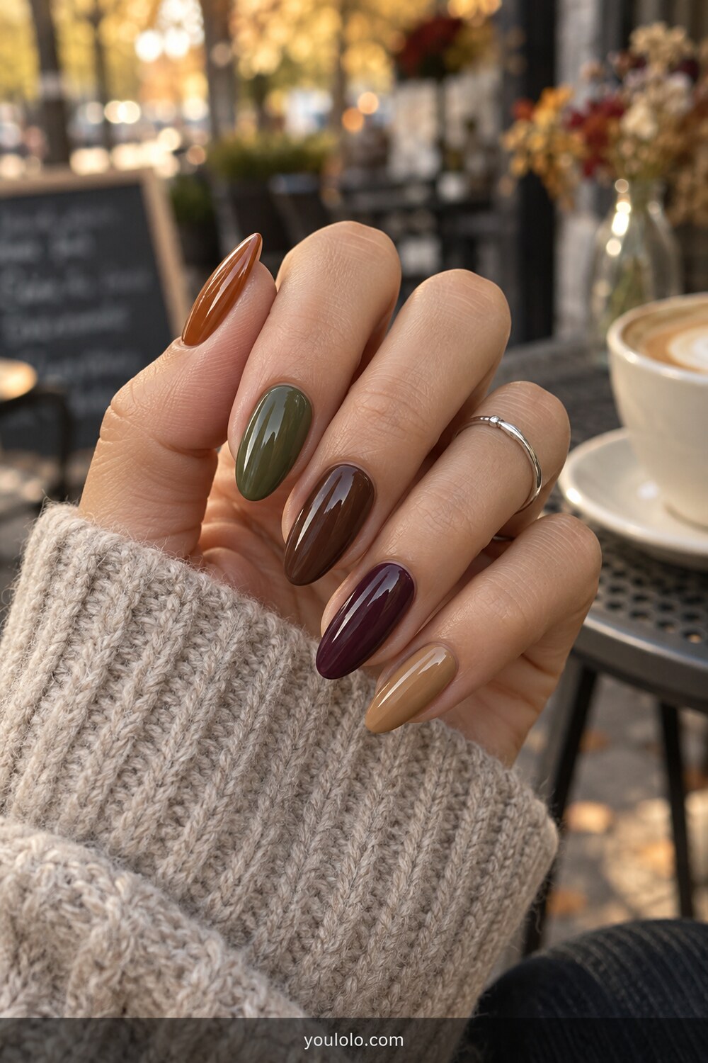 Tonal skittle Fall Almond Nails in maple olive cocoa plum and camel