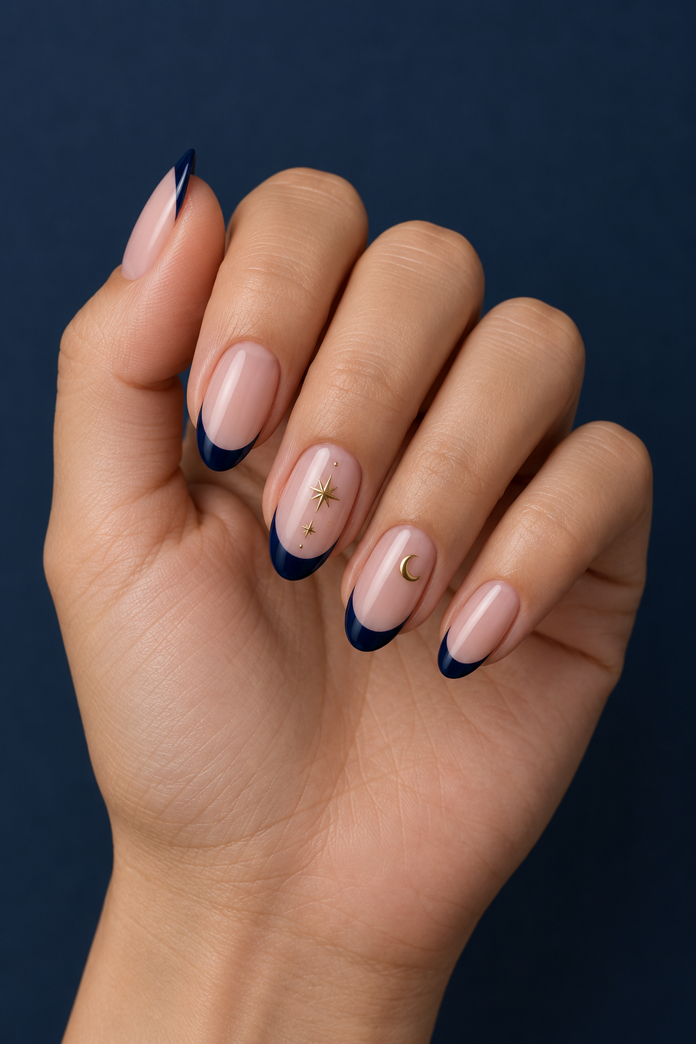 Midnight blue celestial French tips with tiny gold moon and stars