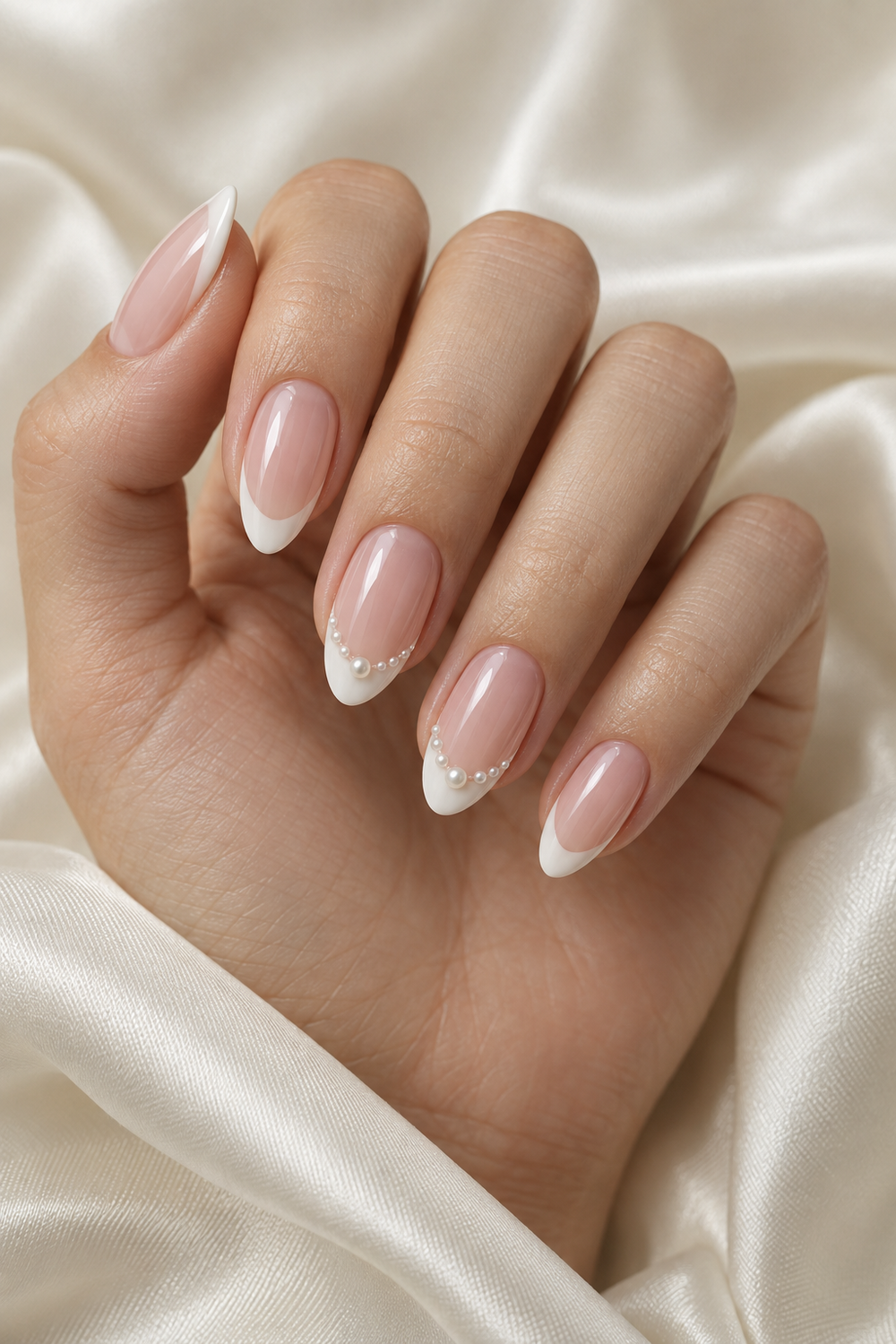 Pearl bridal French manicure on soft almond nails