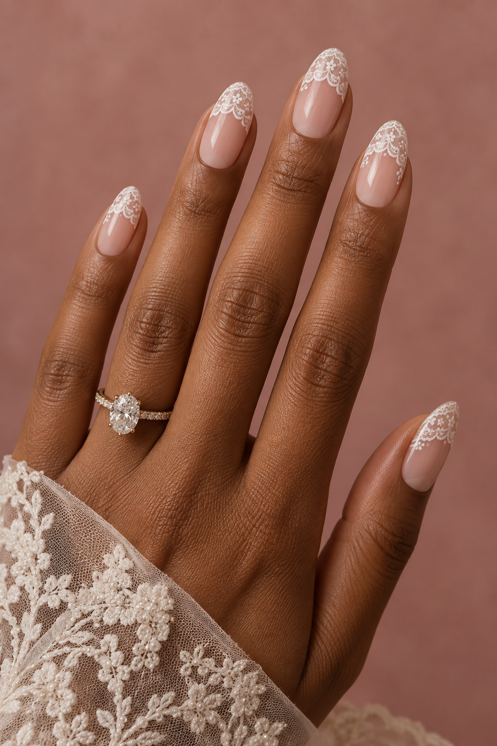 White lace French tips on nude oval nails
