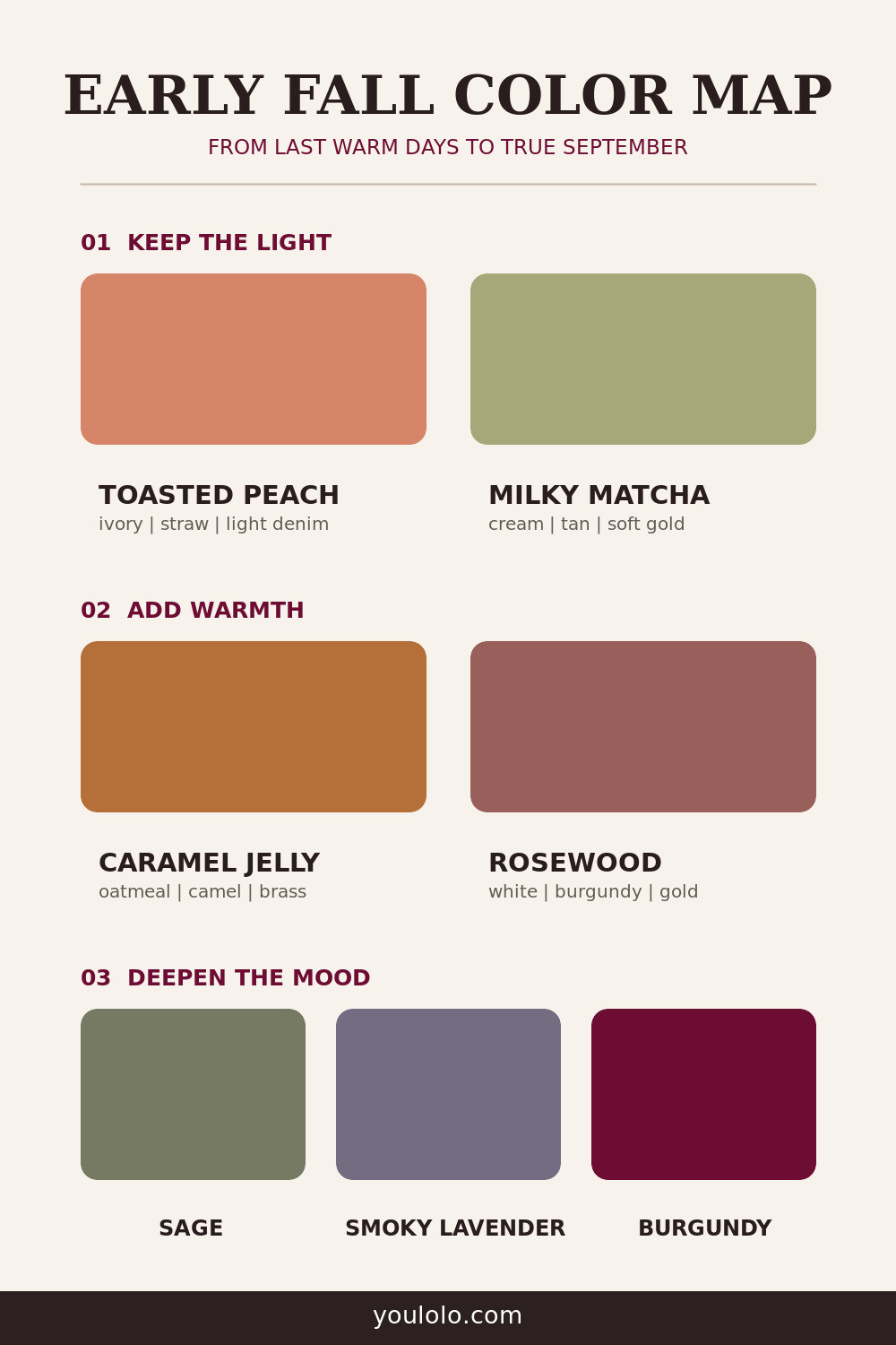 Early Fall Nails color map with peach, matcha, caramel, rosewood, sage, lavender and burgundy