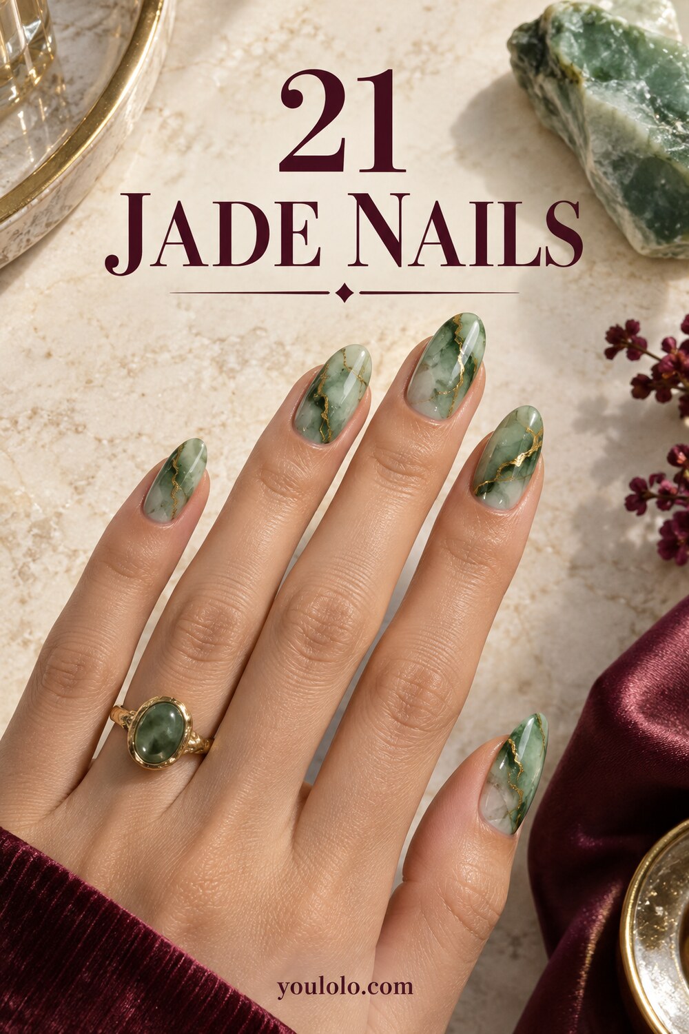 21 Jade Nails with realistic green stone nail art