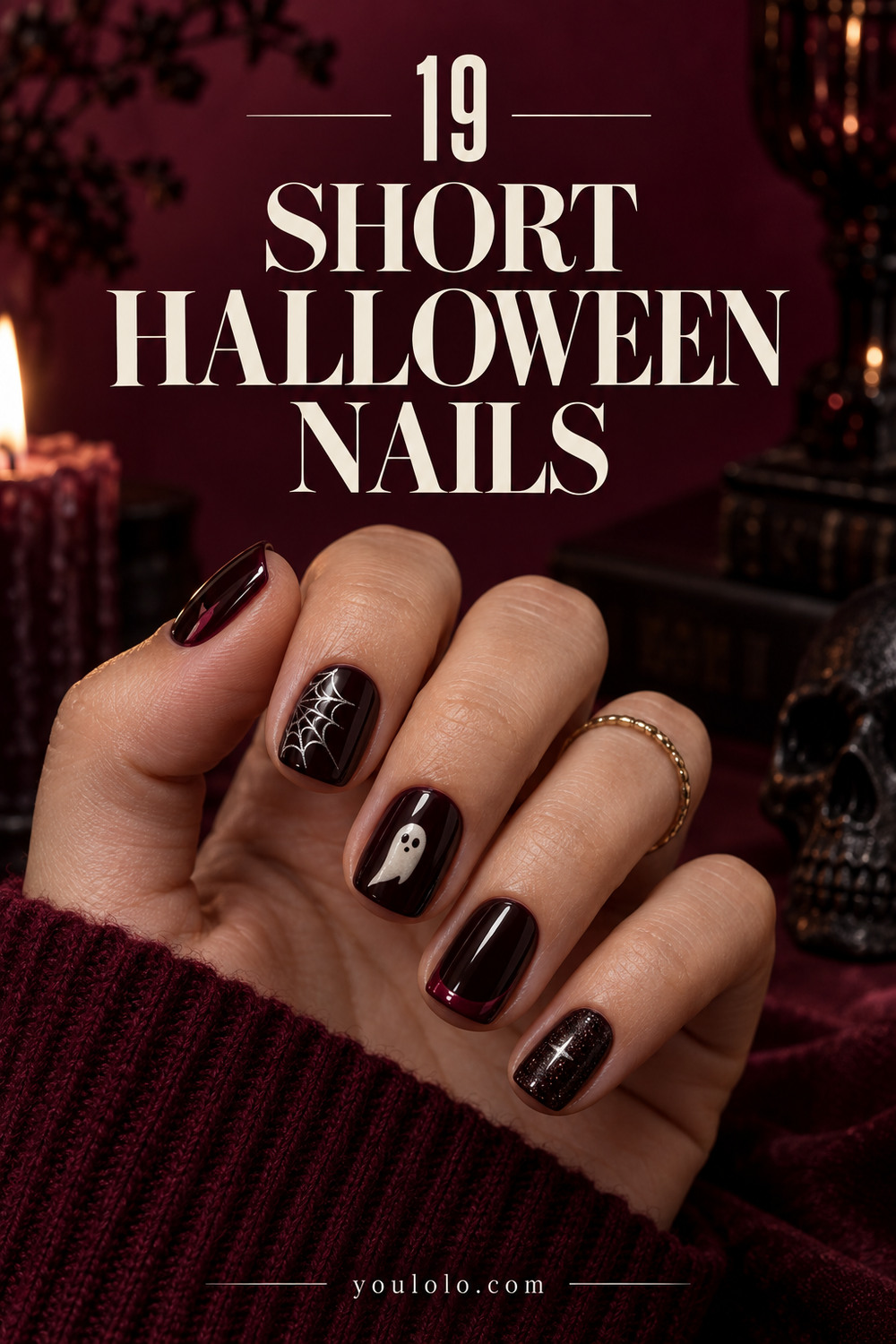 19 Short Halloween Nails in burgundy, black and cream