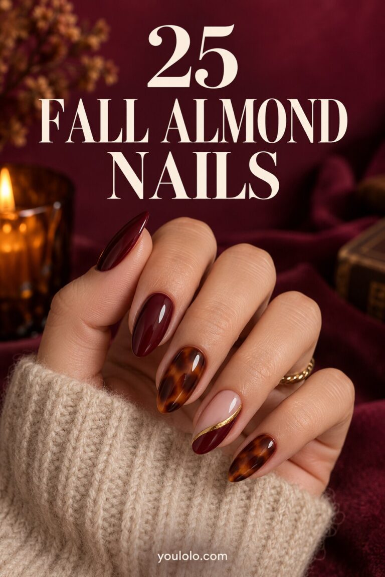 Fall Almond Nails with burgundy and tortoiseshell almond designs