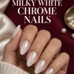 Milky White Chrome Nails with a soft pearl finish