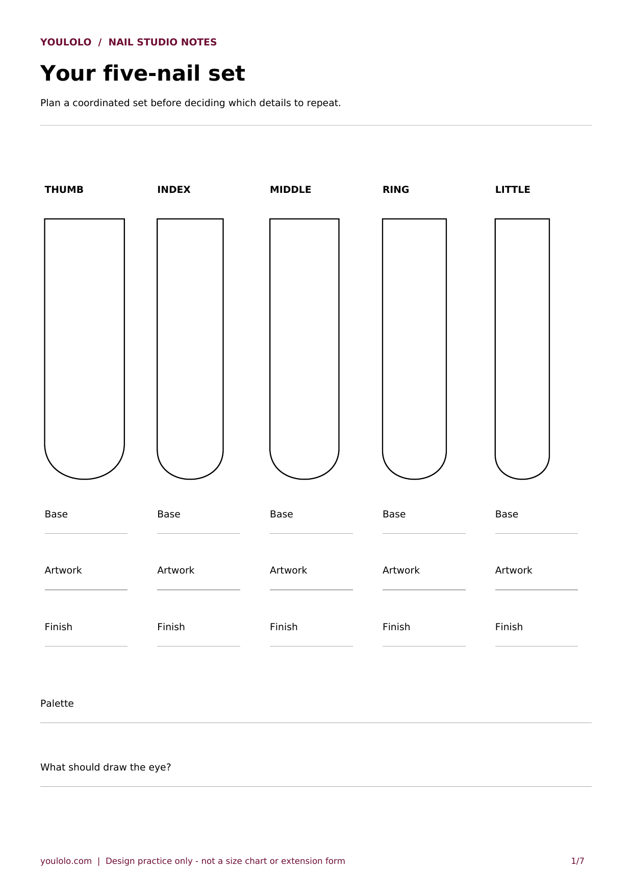 Printable long square nail template: your five-nail set with blank outlines and planning fields