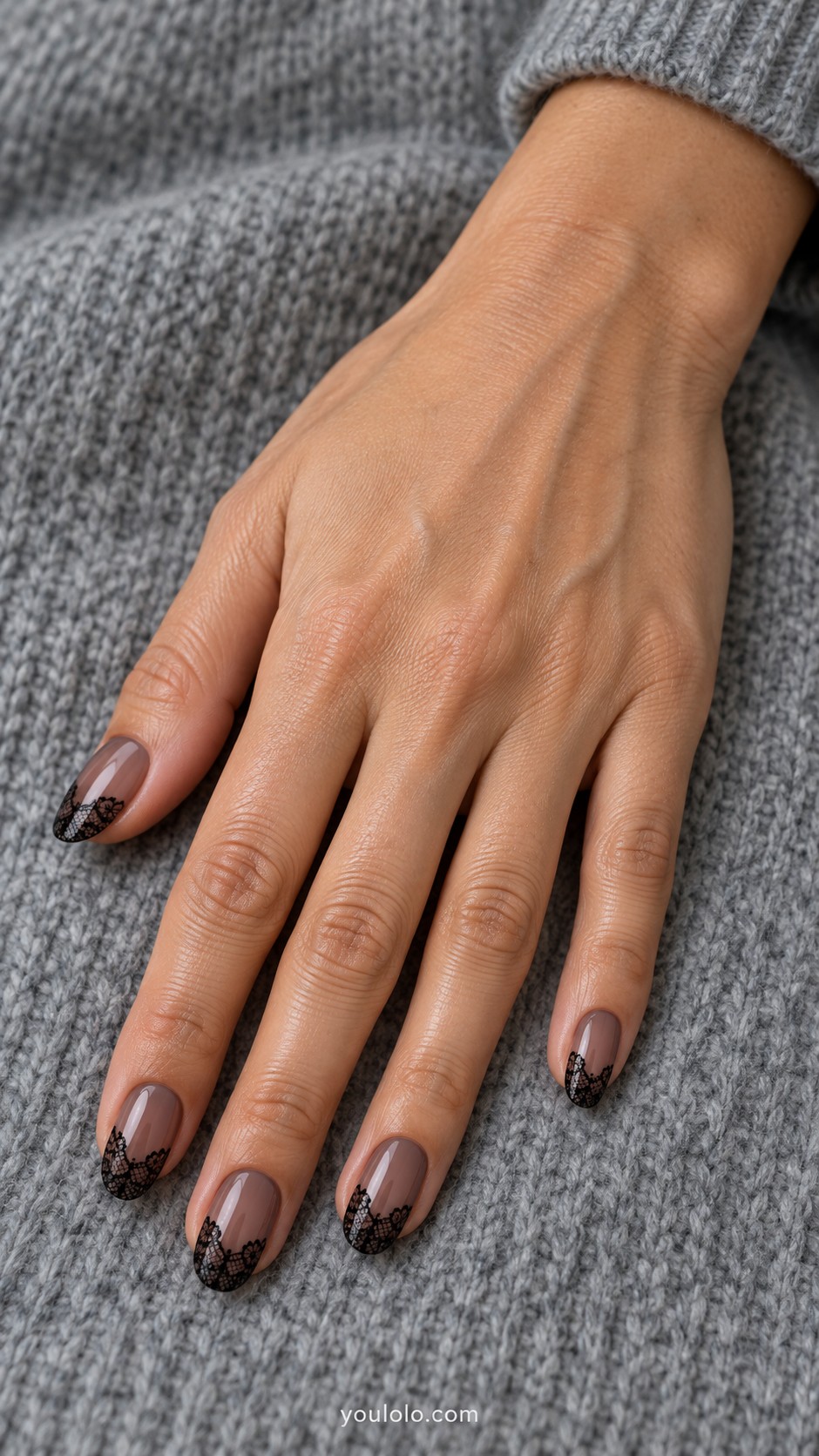 Dark Feminine Nails — Sheer Black with a Lace Tip