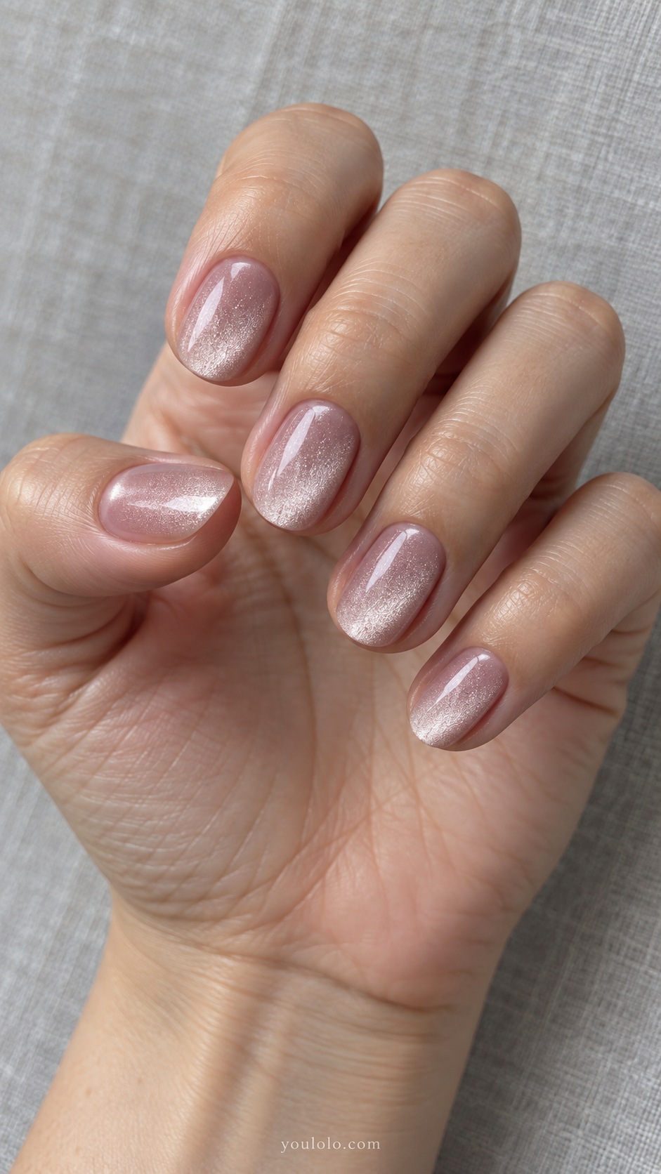 Ballet Pink Velvet cat eye nails — Short oval nails in translucent ballet pink with soft broad silvery magnetic velvet glow, no painted decorations.