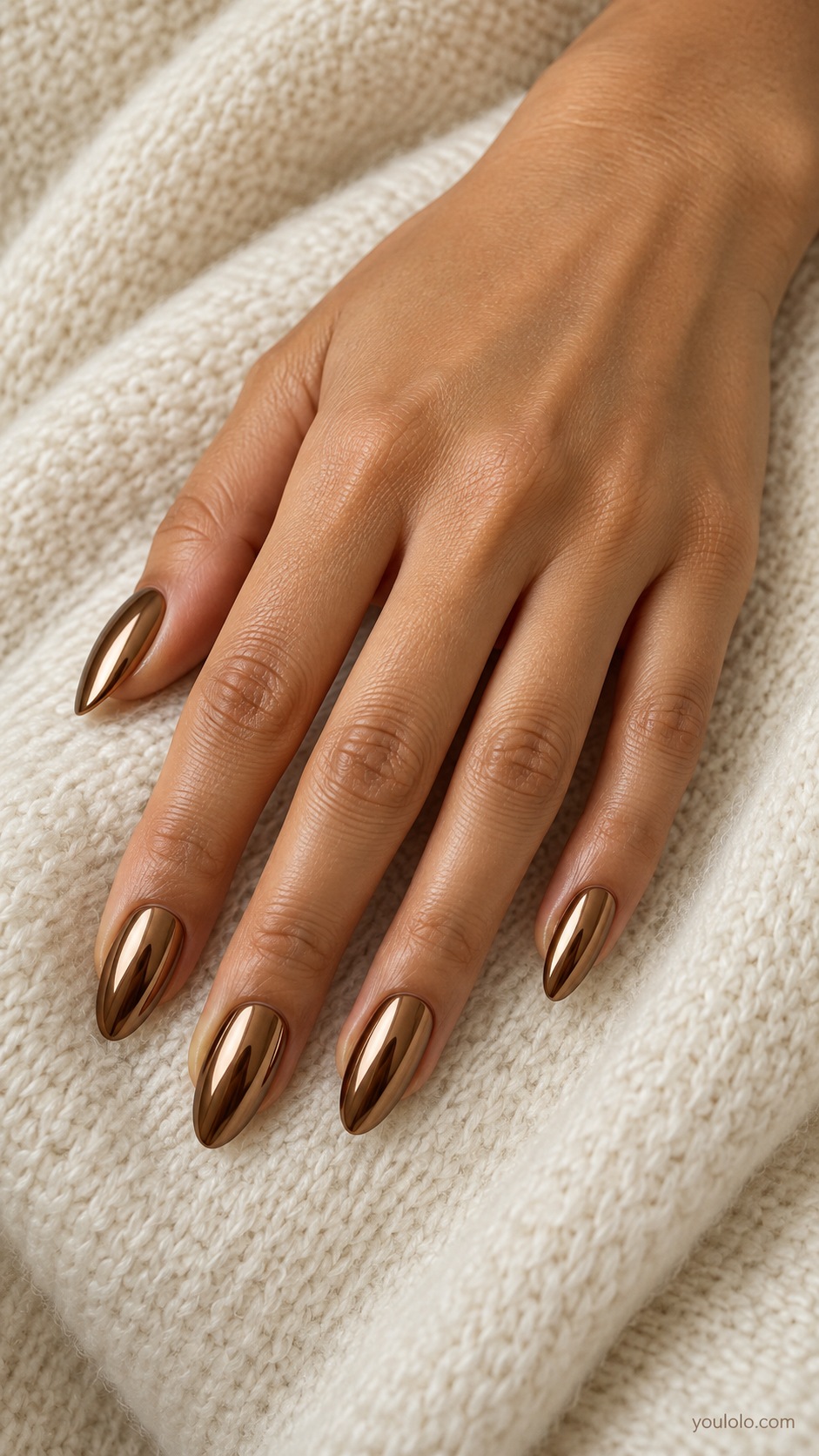 Bronze Mirror Almonds — medium almond warm bronze-brown mirror chrome all nails smooth reflective metal not glitter or cat eye