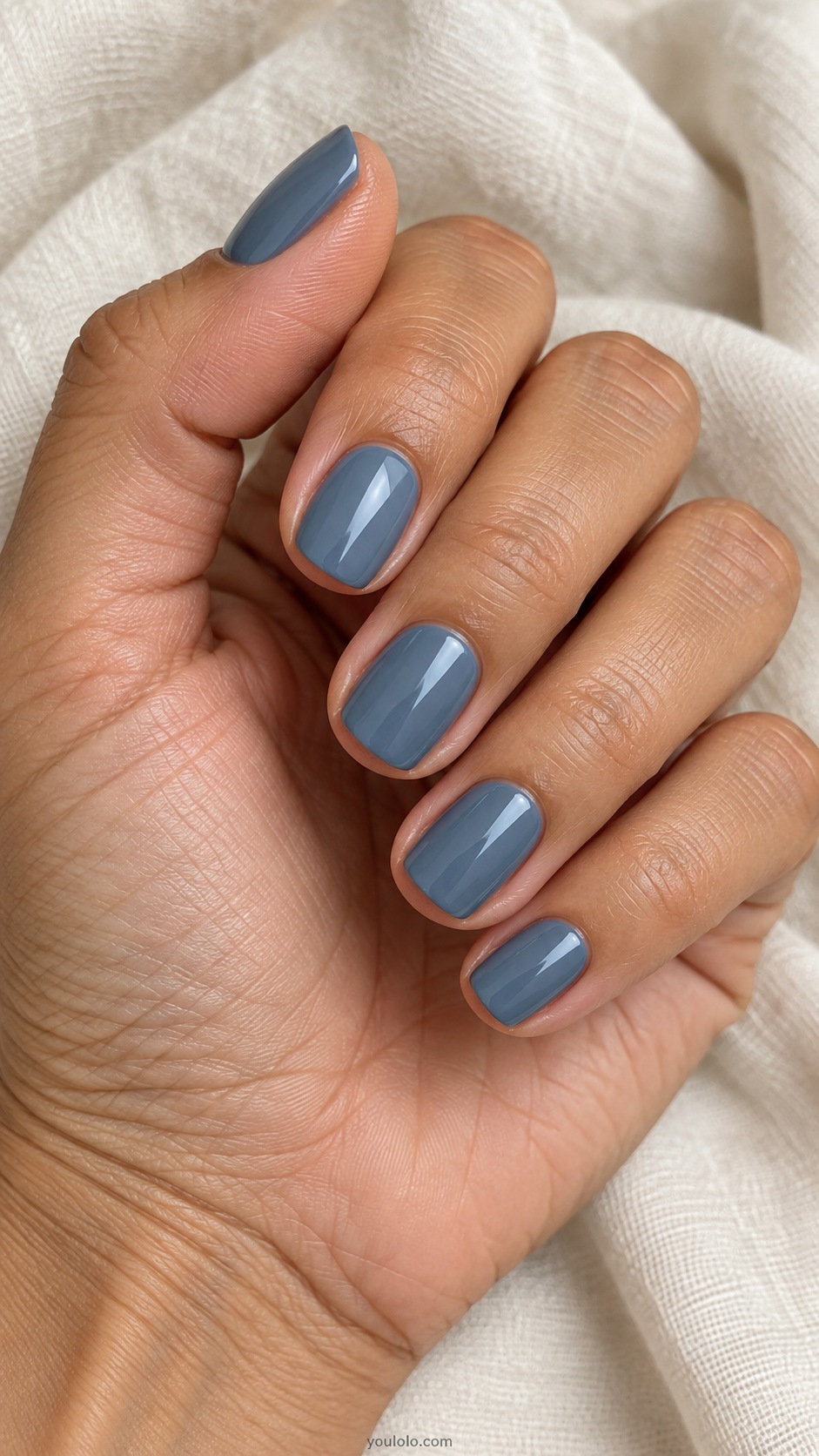 Short squoval nails gray toned washed denim blue opaque cream gloss