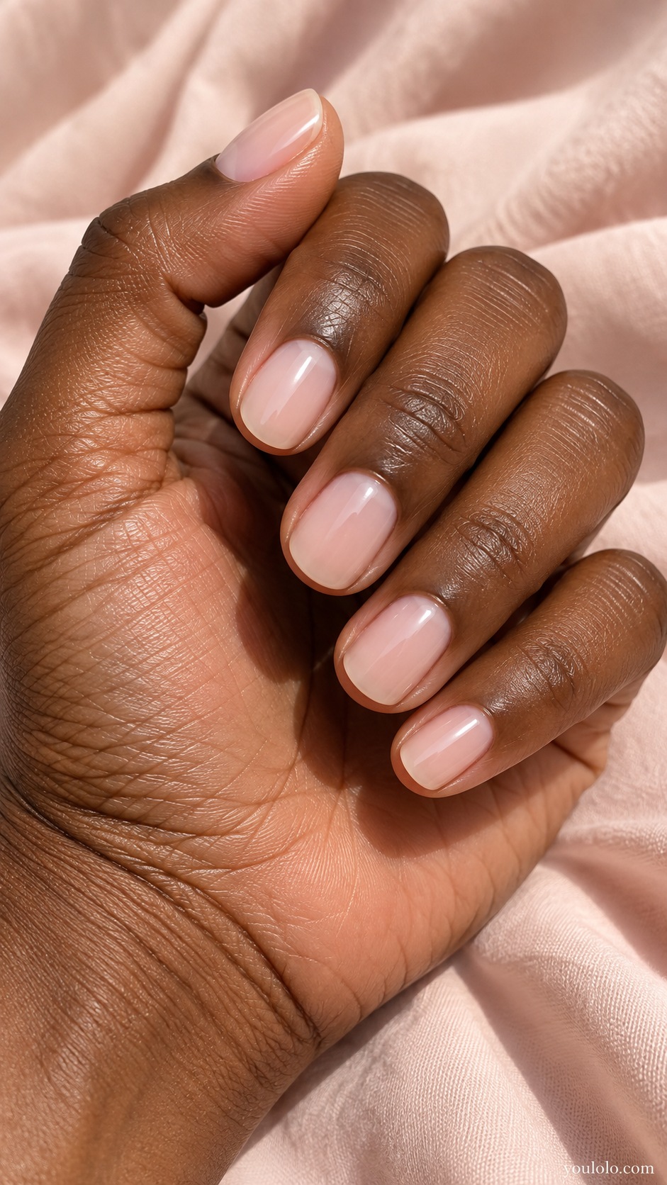 Short round nails translucent porcelain pink milky gloss