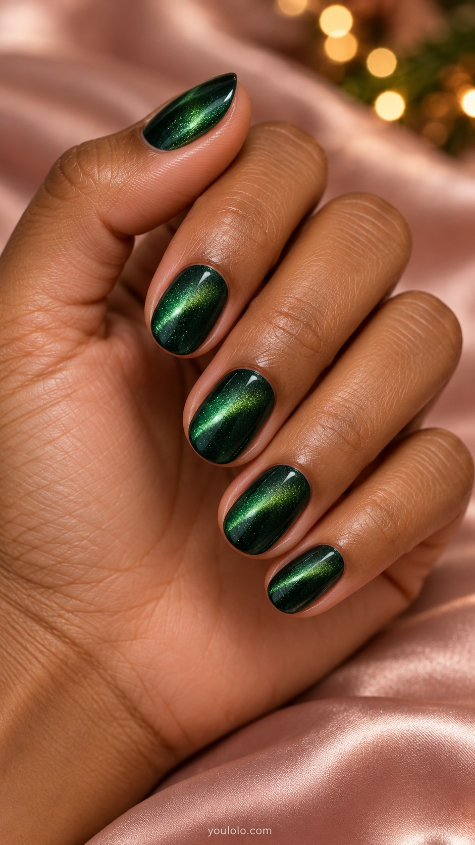 Short oval deep emerald magnetic cat eye nails broad soft luminous green center glow