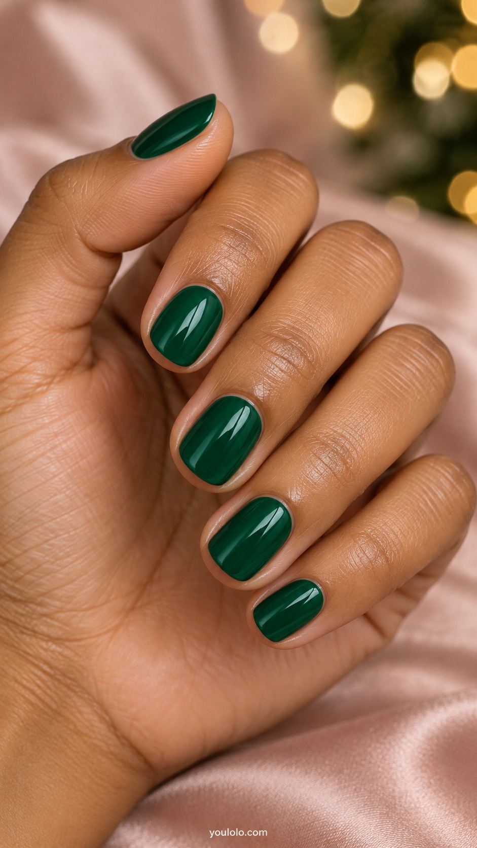 Short round rich emerald green nails glossy opaque finish no art