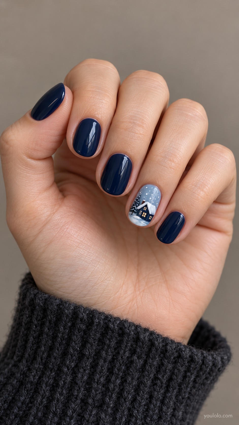 Christmas nail ideas — Midnight Blue Snowy Cottage