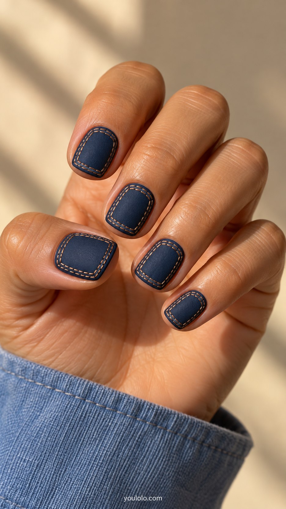Classic Indigo Stitching: short square indigo matte nails, double fine caramel stitch marks around two nail borders