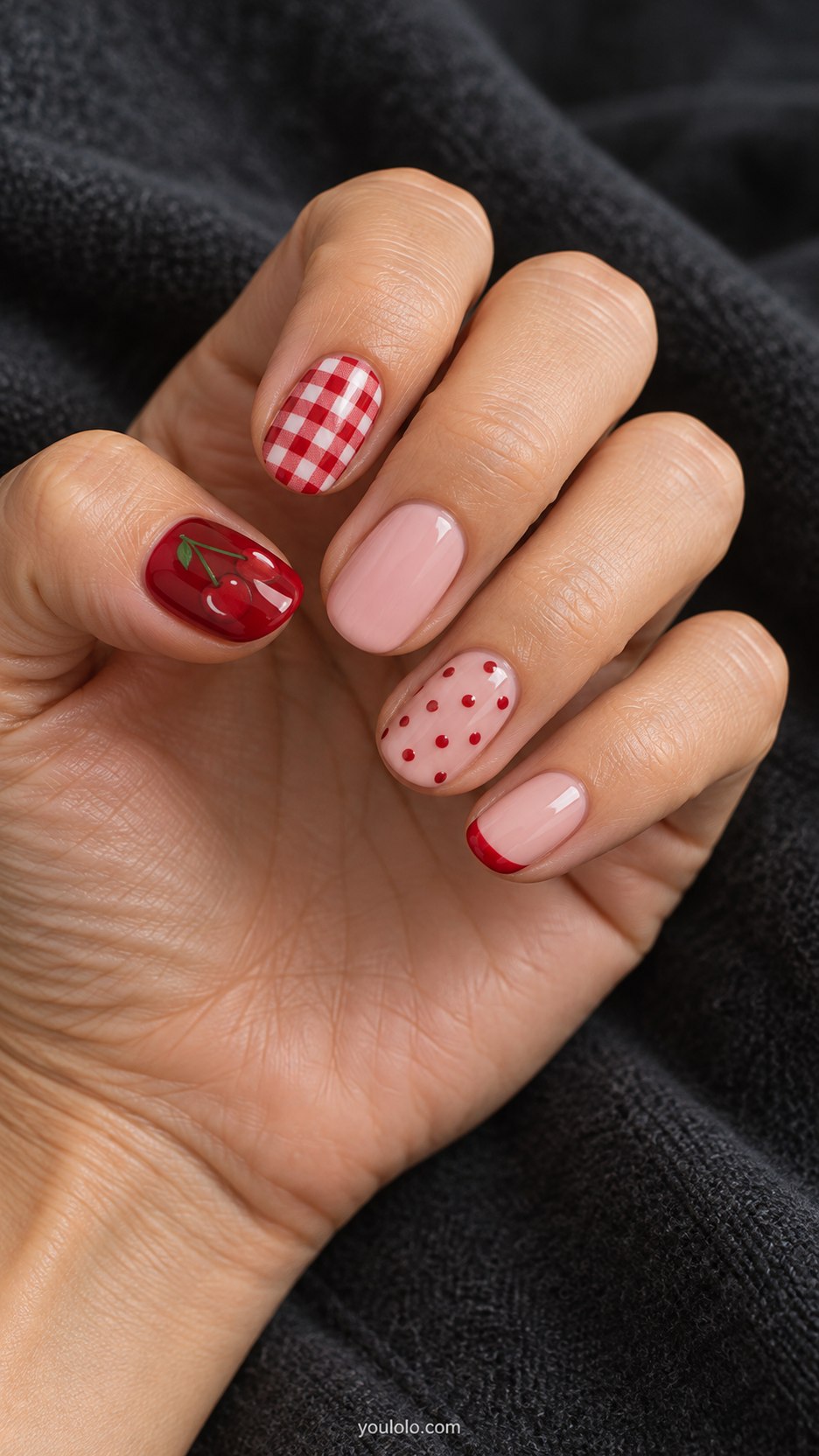 Cherry Picnic Set: short oval nails, coordinated cream red pink: cherry on thumb, red gingham index, pink solid middle, red dot ring, red micro French pinky