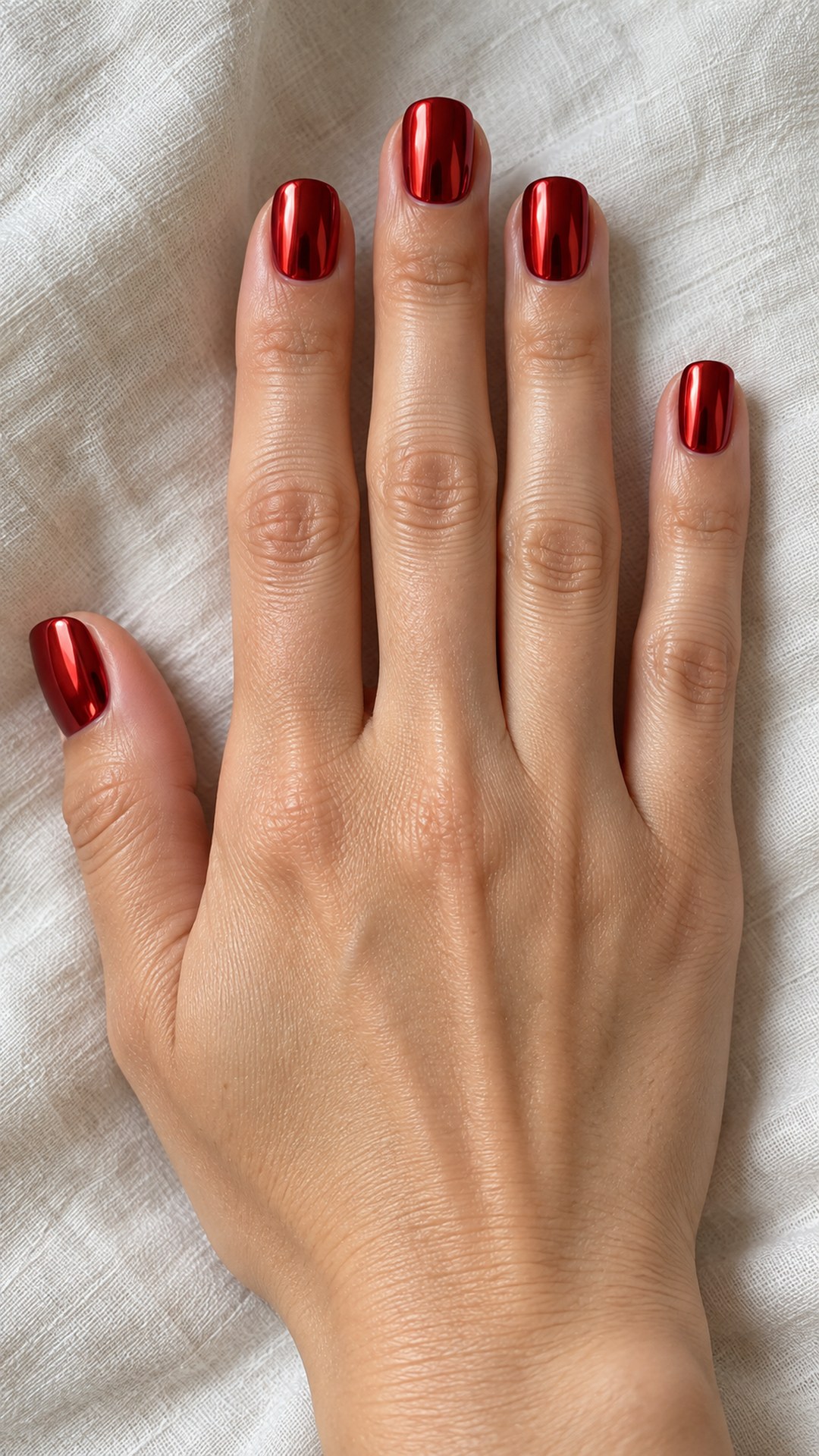 red chrome nails — Cherry Mirror on Short Squoval Nails