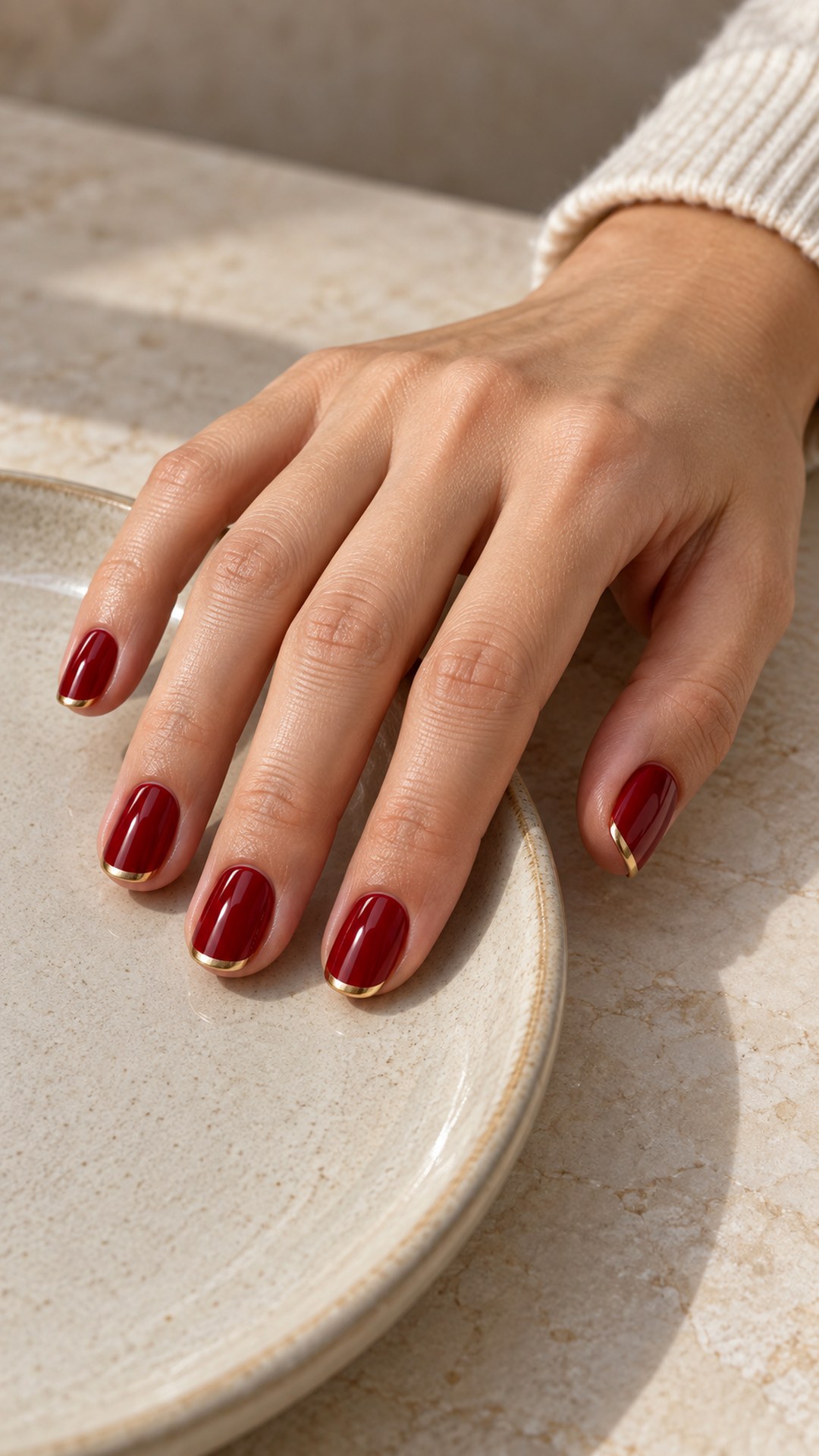 red and gold nails — Cherry Red with Gold Micro Tips