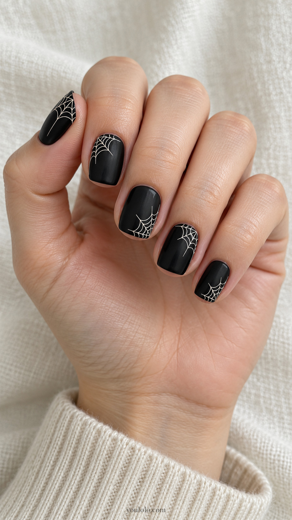 Short squoval black satin nails, each has a delicate ivory spiderweb anchored in a DIFFERENT corner, generous black space
