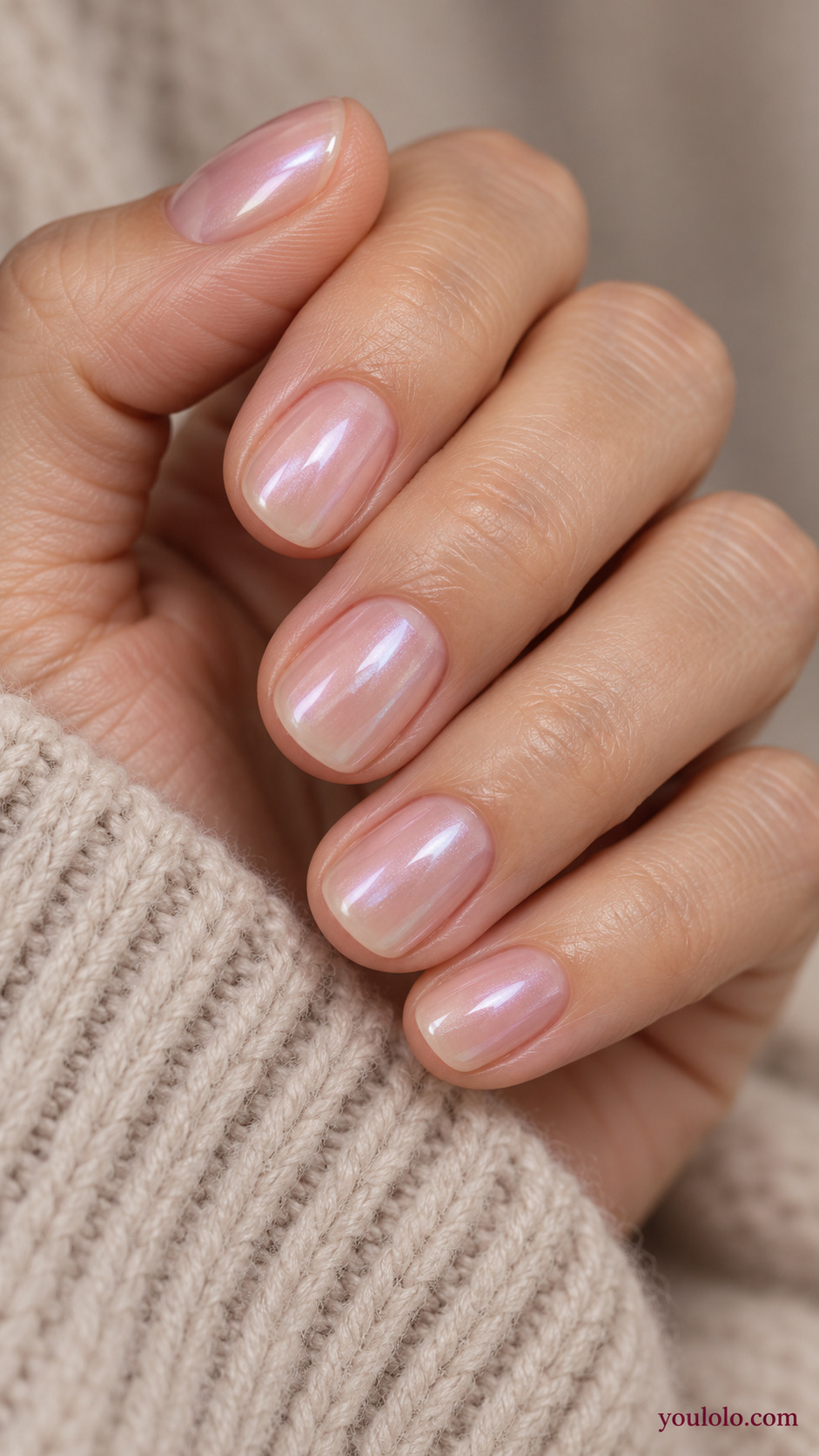 Short Pink Pearl Glaze on a naturally gathered feminine hand showing the nail finish