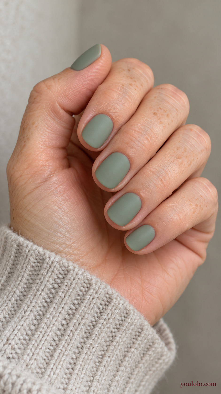 Soft Sage on Short Rounded Nails on a softly gathered feminine hand with a matte green manicure