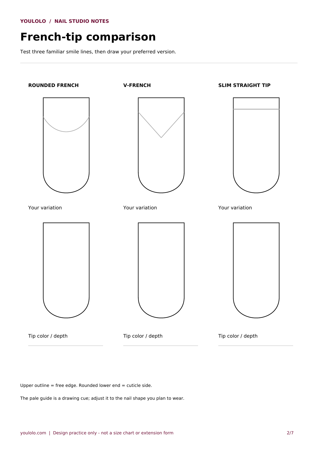 Printable long square nail template: french-tip comparison with blank outlines and planning fields