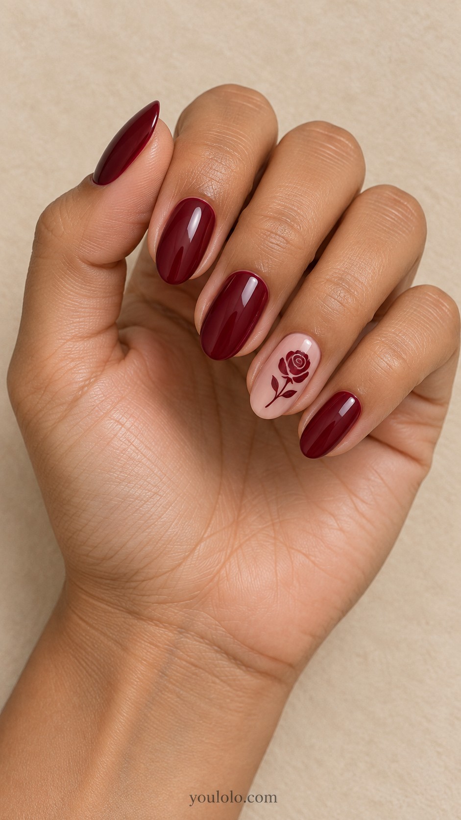 Dark Feminine Nails — Wine Red Rose on Blush