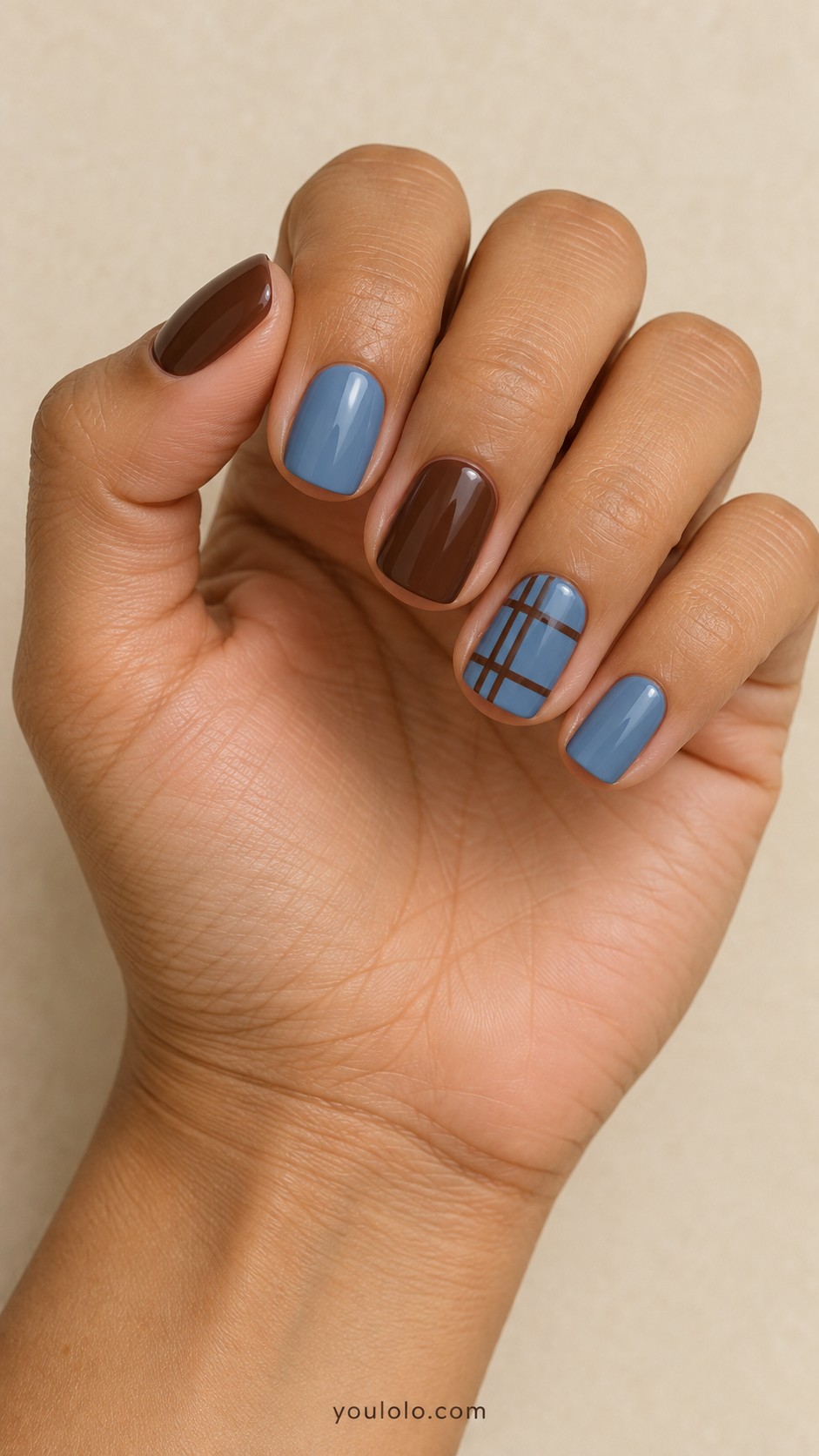 October Nails — Chocolate and Denim Plaid