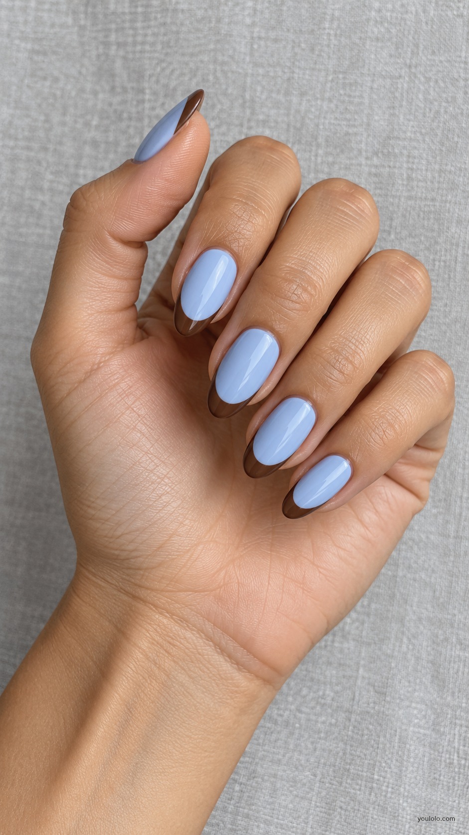 Blue Base Mocha French — medium almond powder blue opaque base with mocha brown French tips